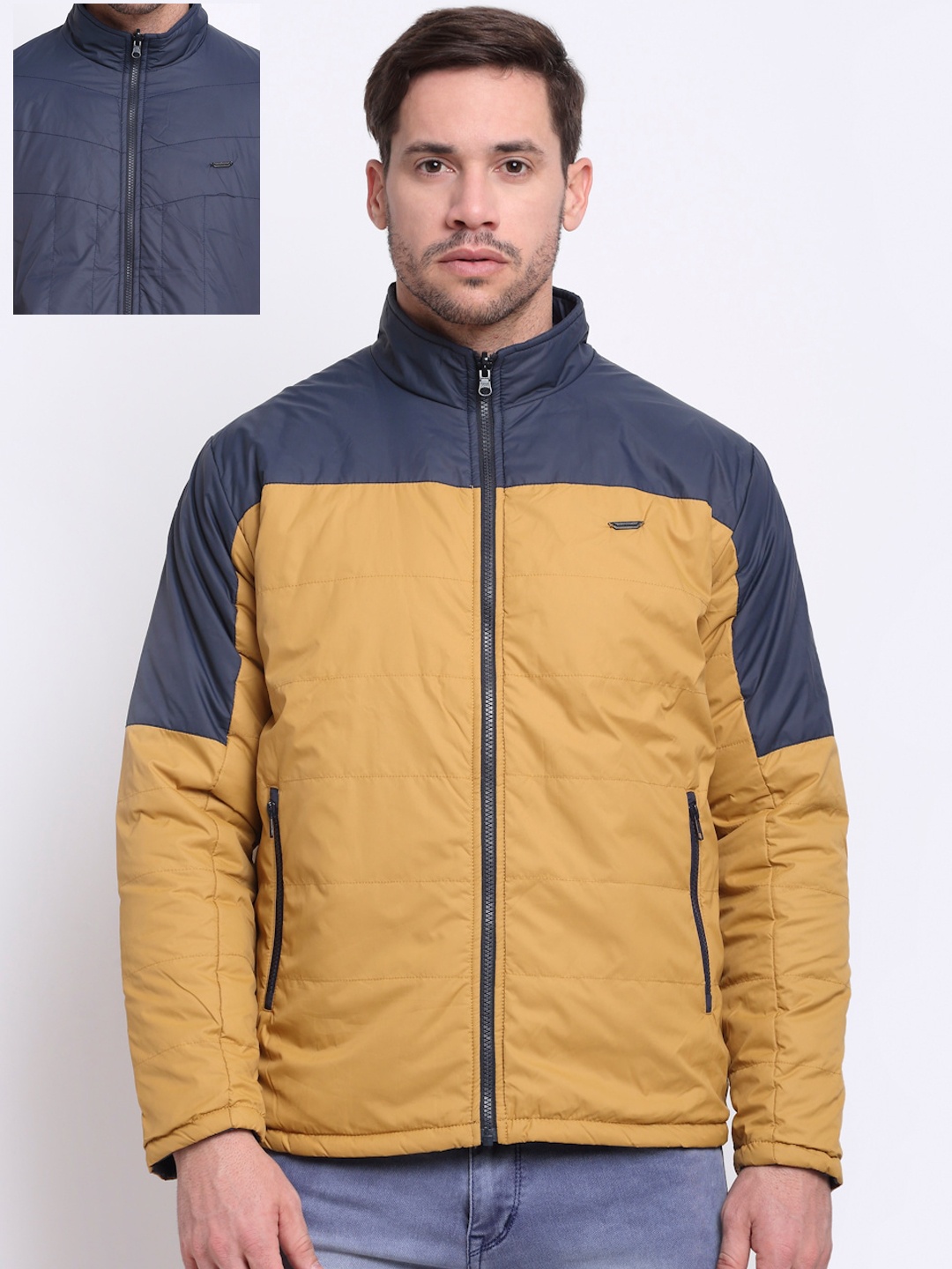 

Cantabil Men Mustard Striped Reversible Padded Jacket