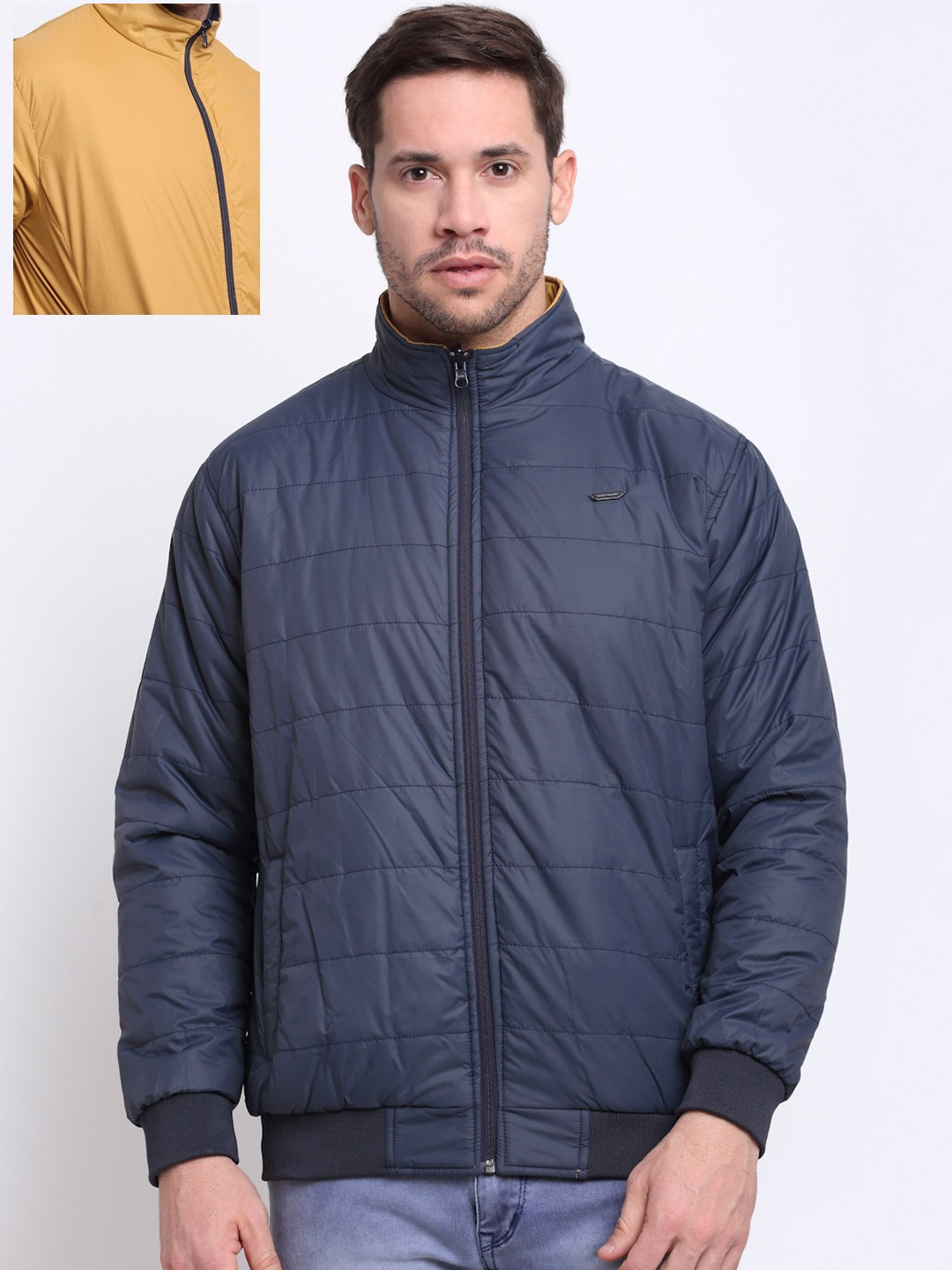 

Cantabil Men Navy Blue Reversible Longline Bomber with Embroidered Jacket