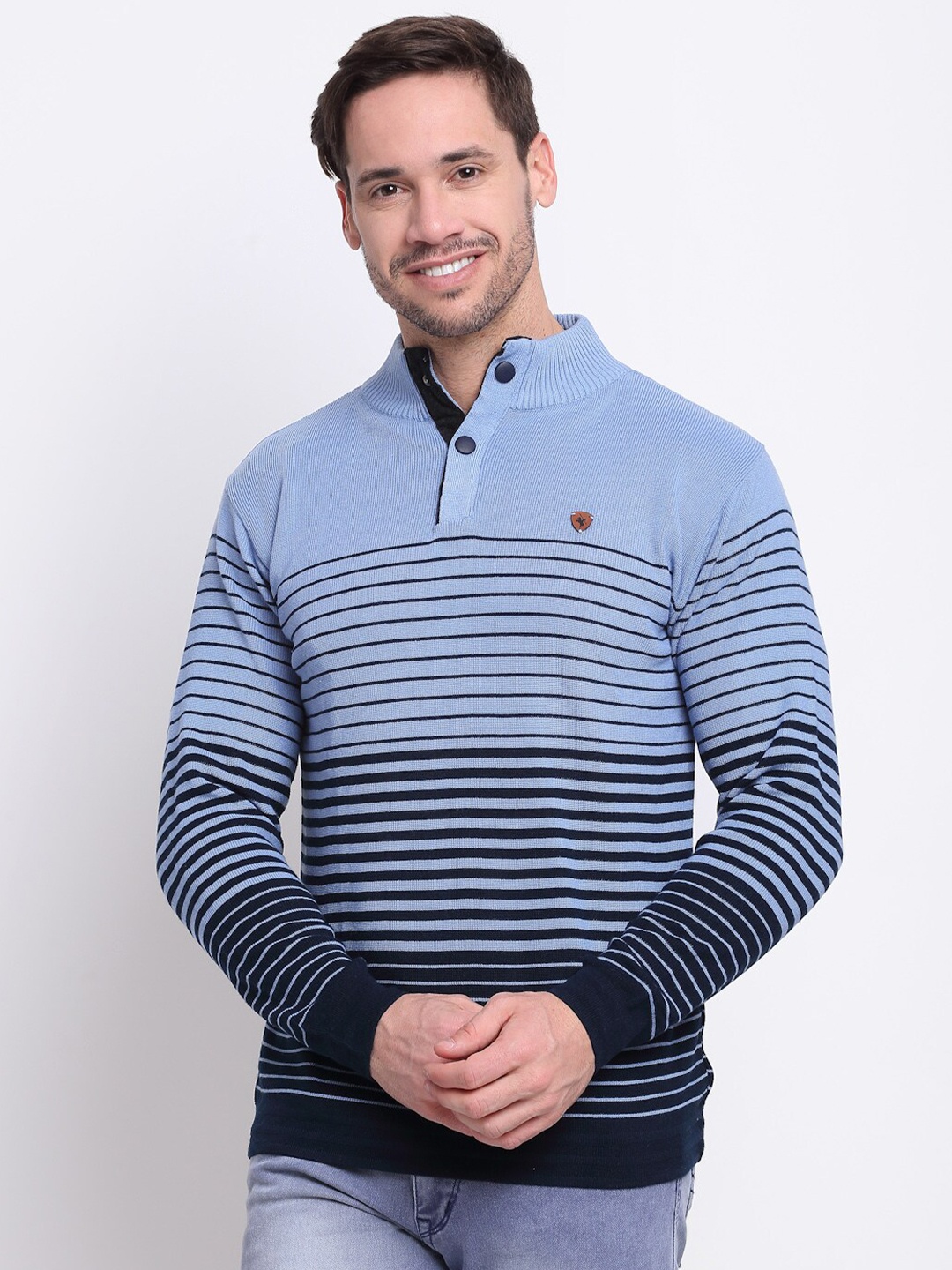 

Cantabil Men Blue Striped Woolen Pullover Sweater