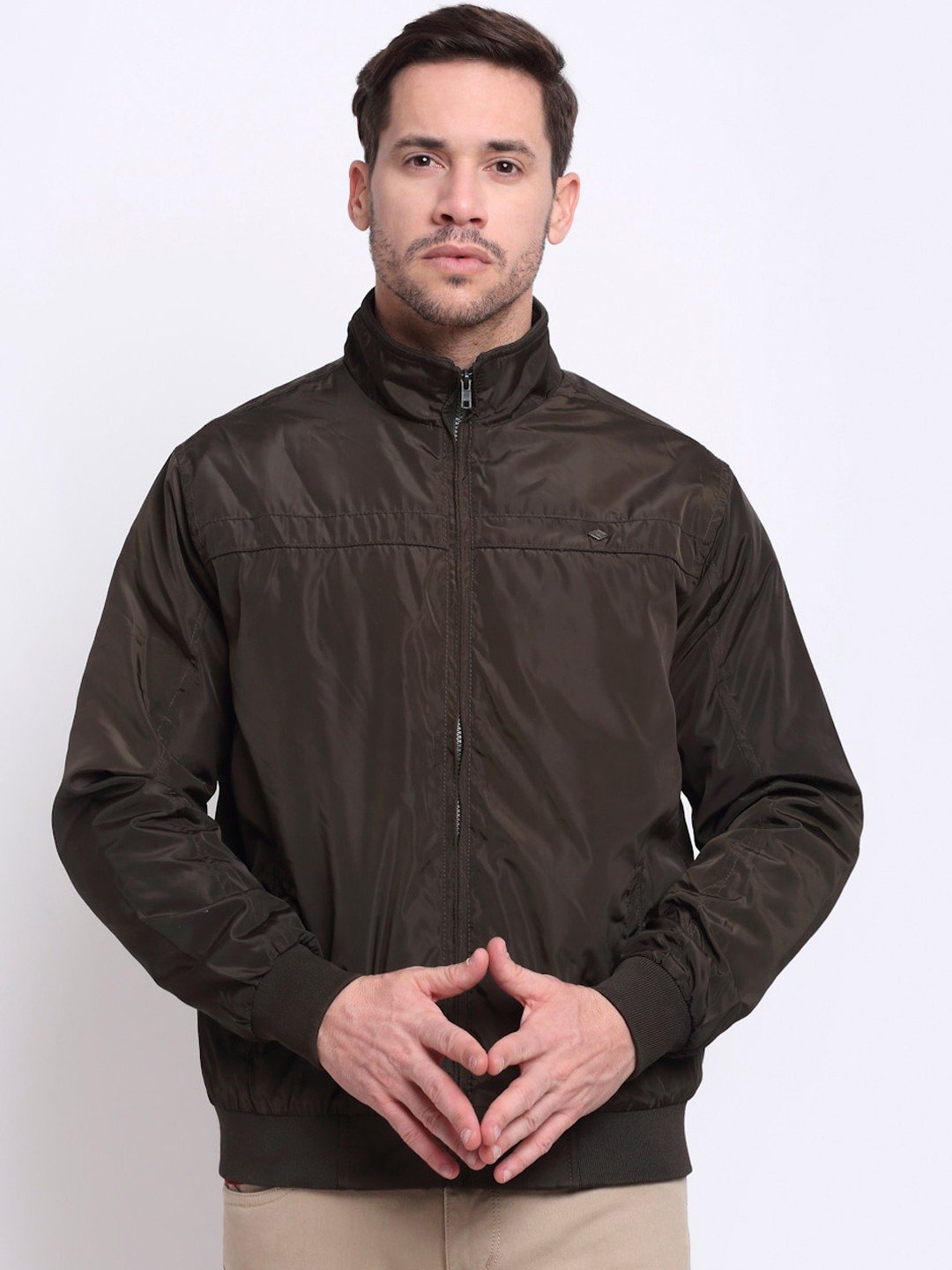 

Cantabil Men Olive Green Camouflage Lightweight Bomber with Embroidered Jacket