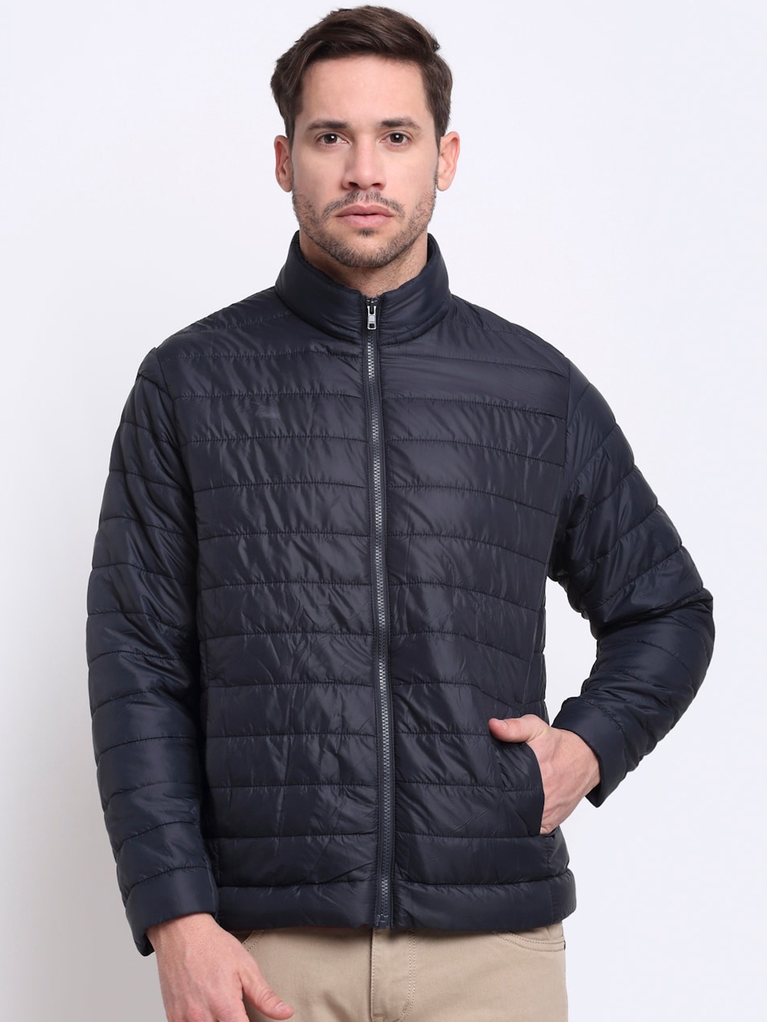 

Cantabil Men Navy Blue Striped Lightweight Padded Jacket