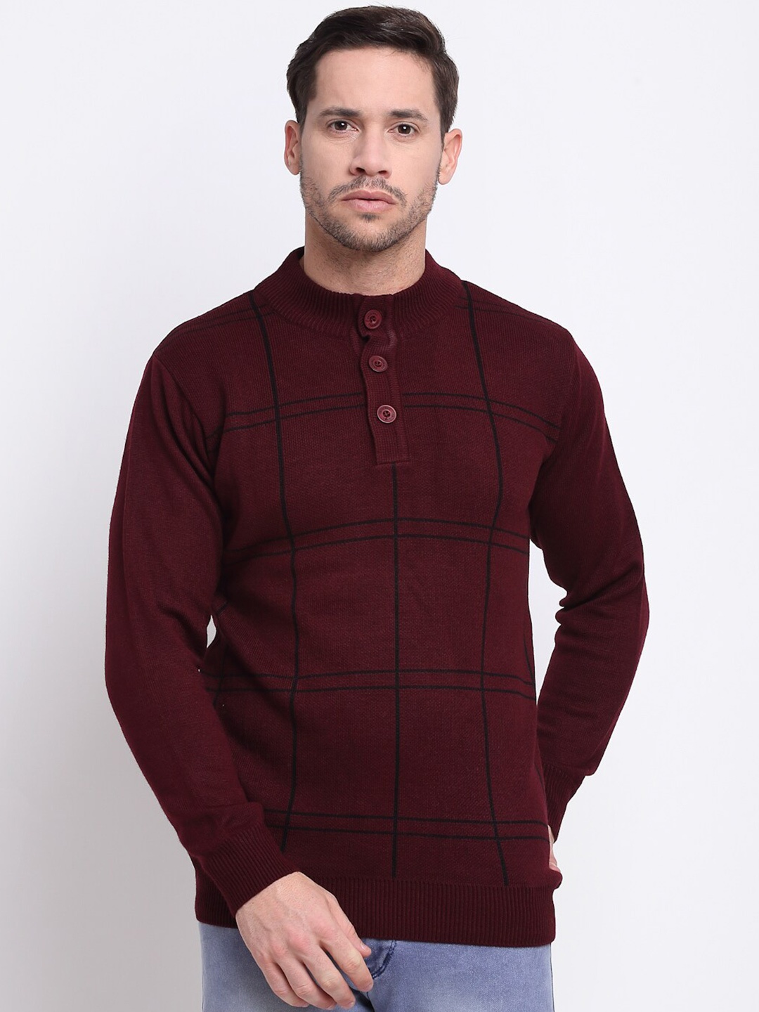 

Cantabil Men Maroon Checked Woollen Pullover