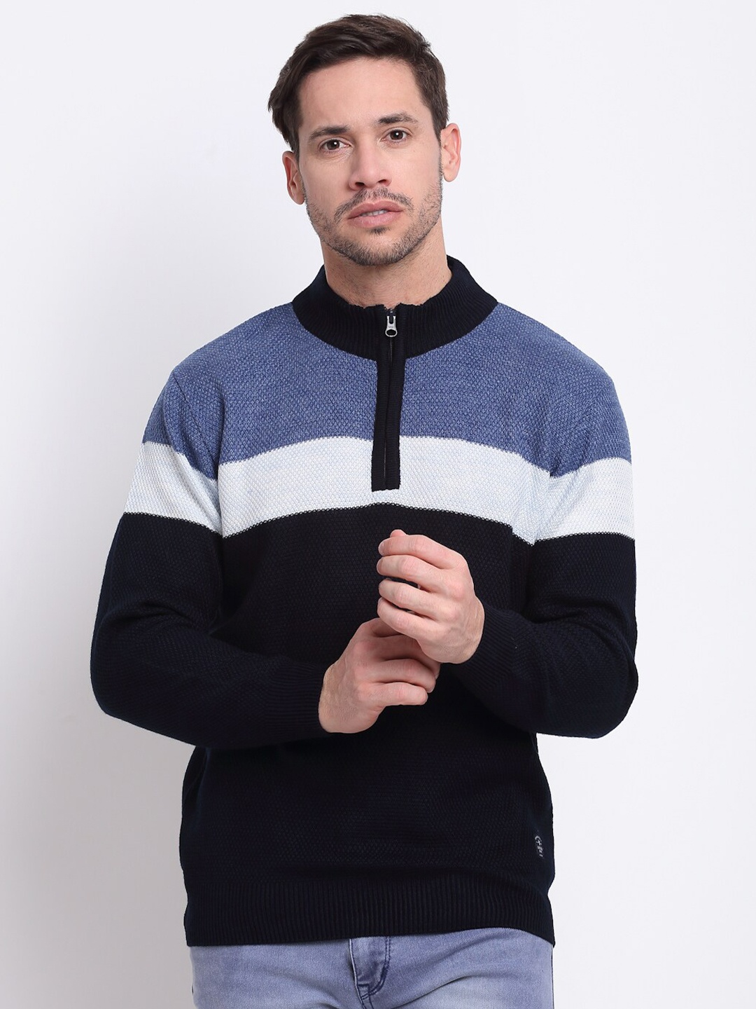 

Cantabil Men Navy Blue & White Striped Pullover
