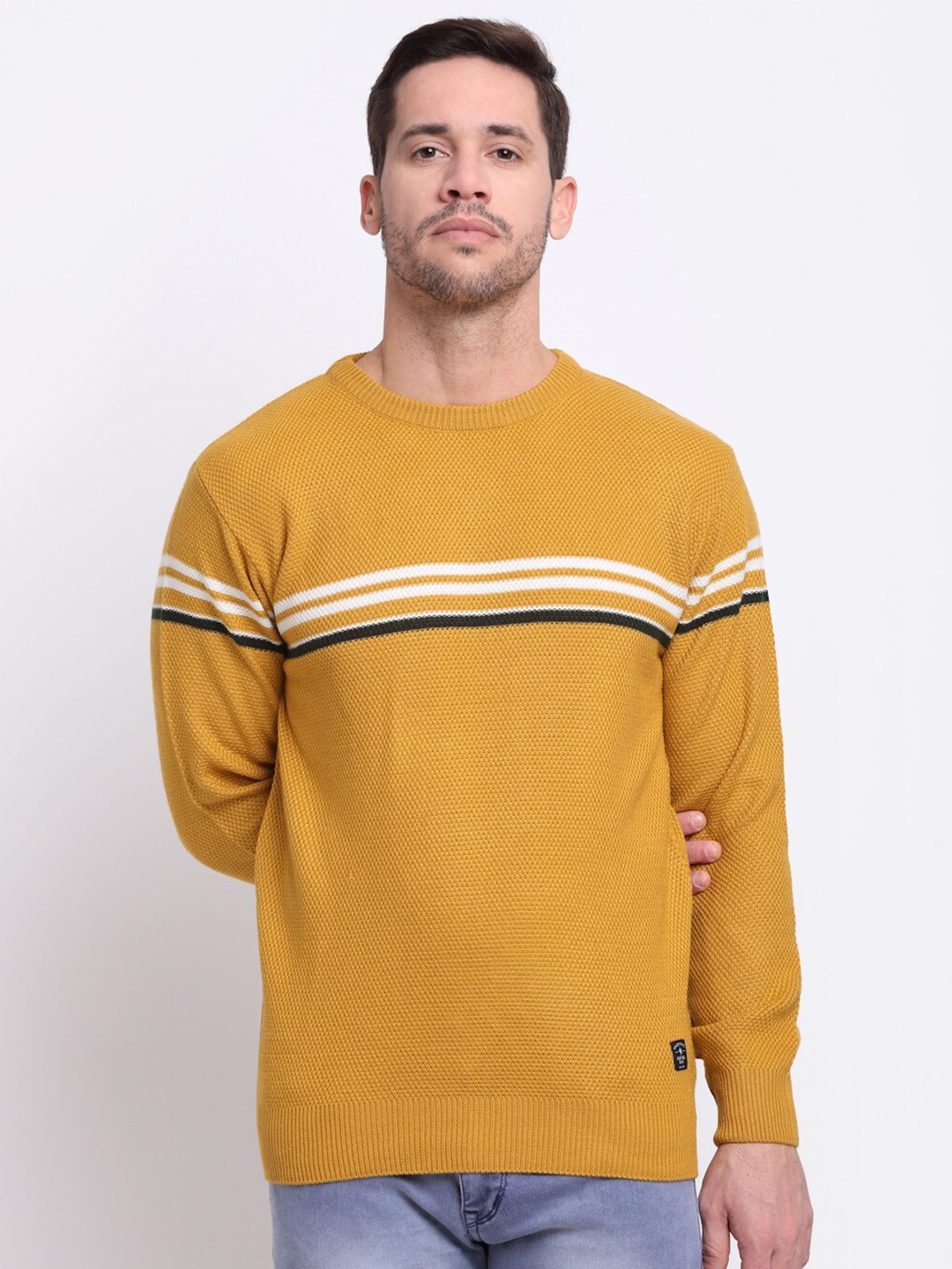 

Cantabil Men Mustard & White Striped Woolen Pullover Sweater
