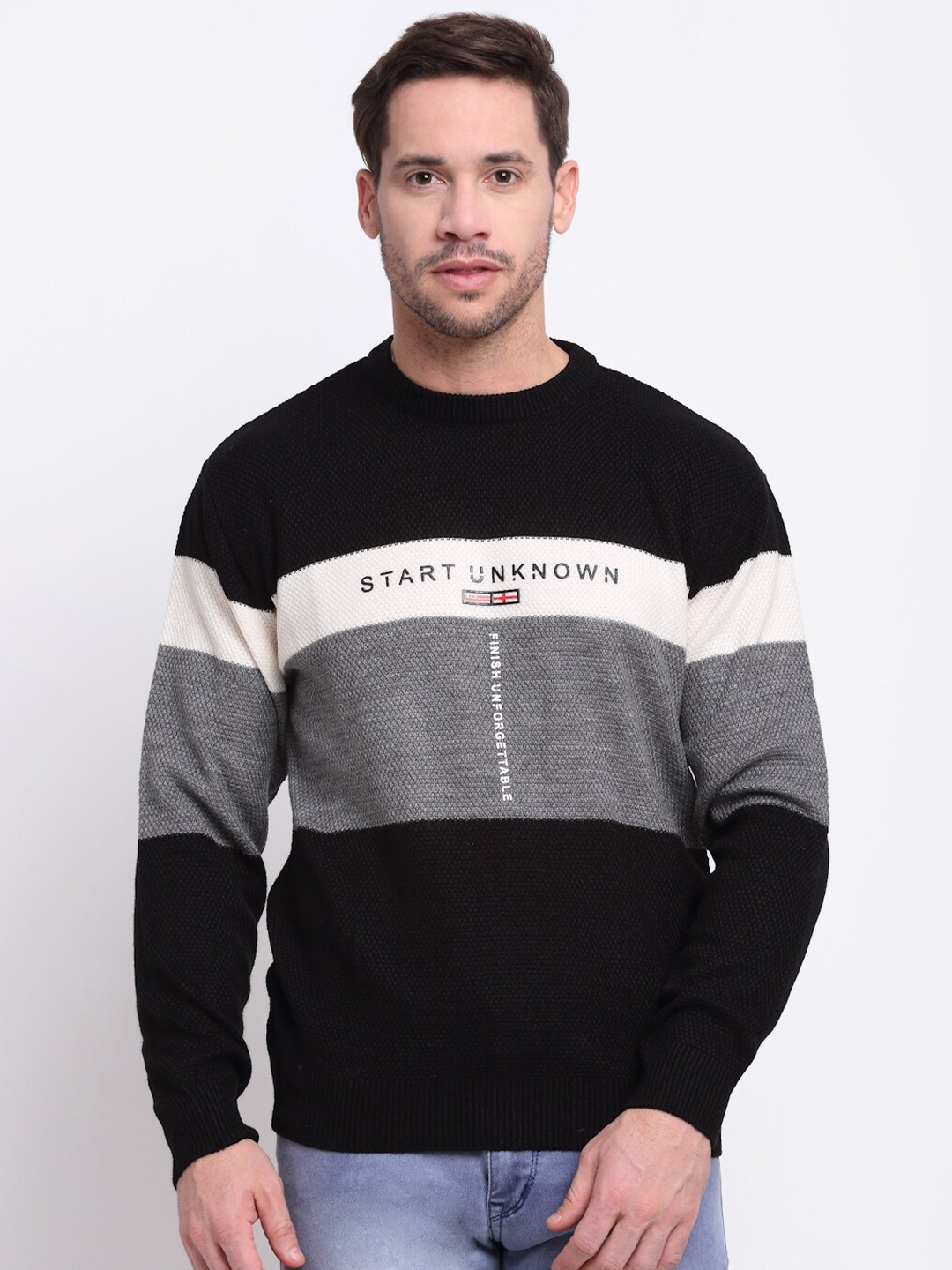 

Cantabil Men Black & Grey Colourblocked Woollen Pullover
