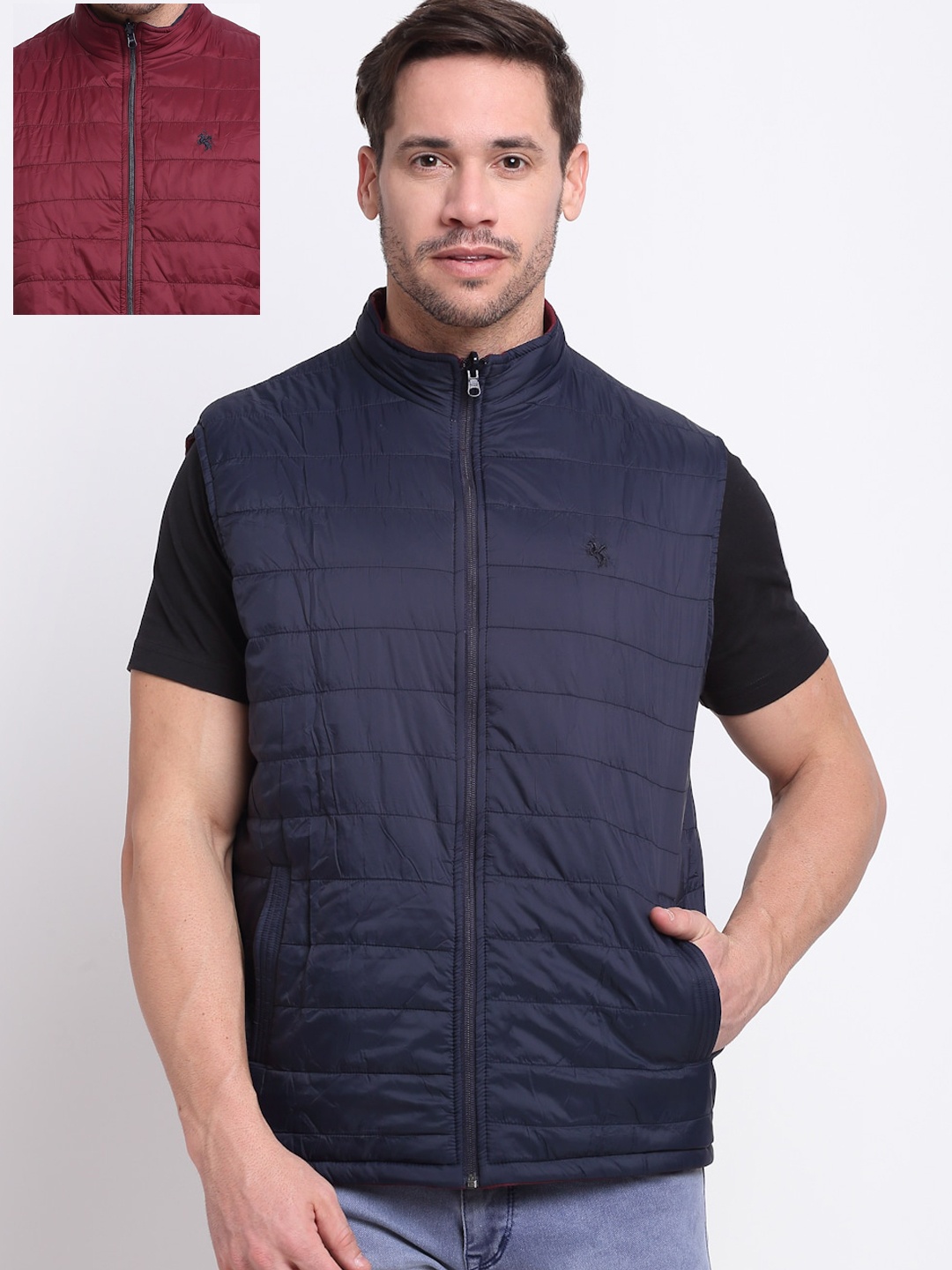 

Cantabil Men Navy Blue & Maroon Reversible Padded Jacket