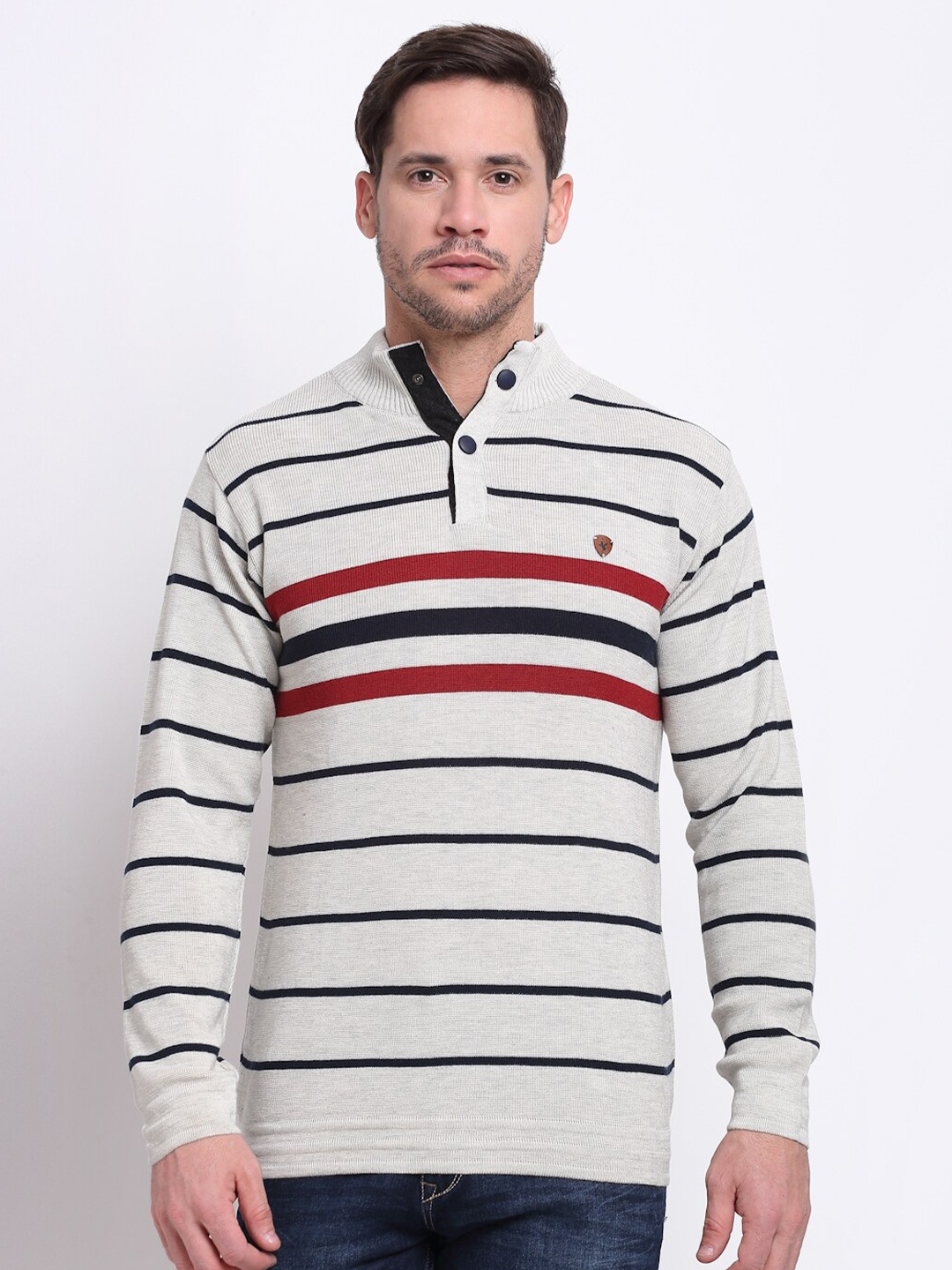 

Cantabil Men Grey & Black Striped Pure Woolen Pullover Sweater
