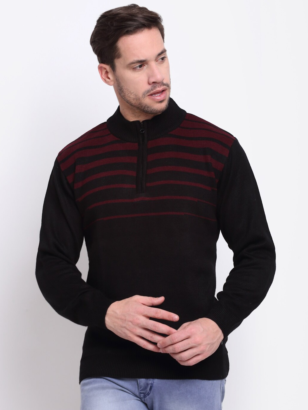 

Cantabil Men Black & Burgundy Striped Pullover