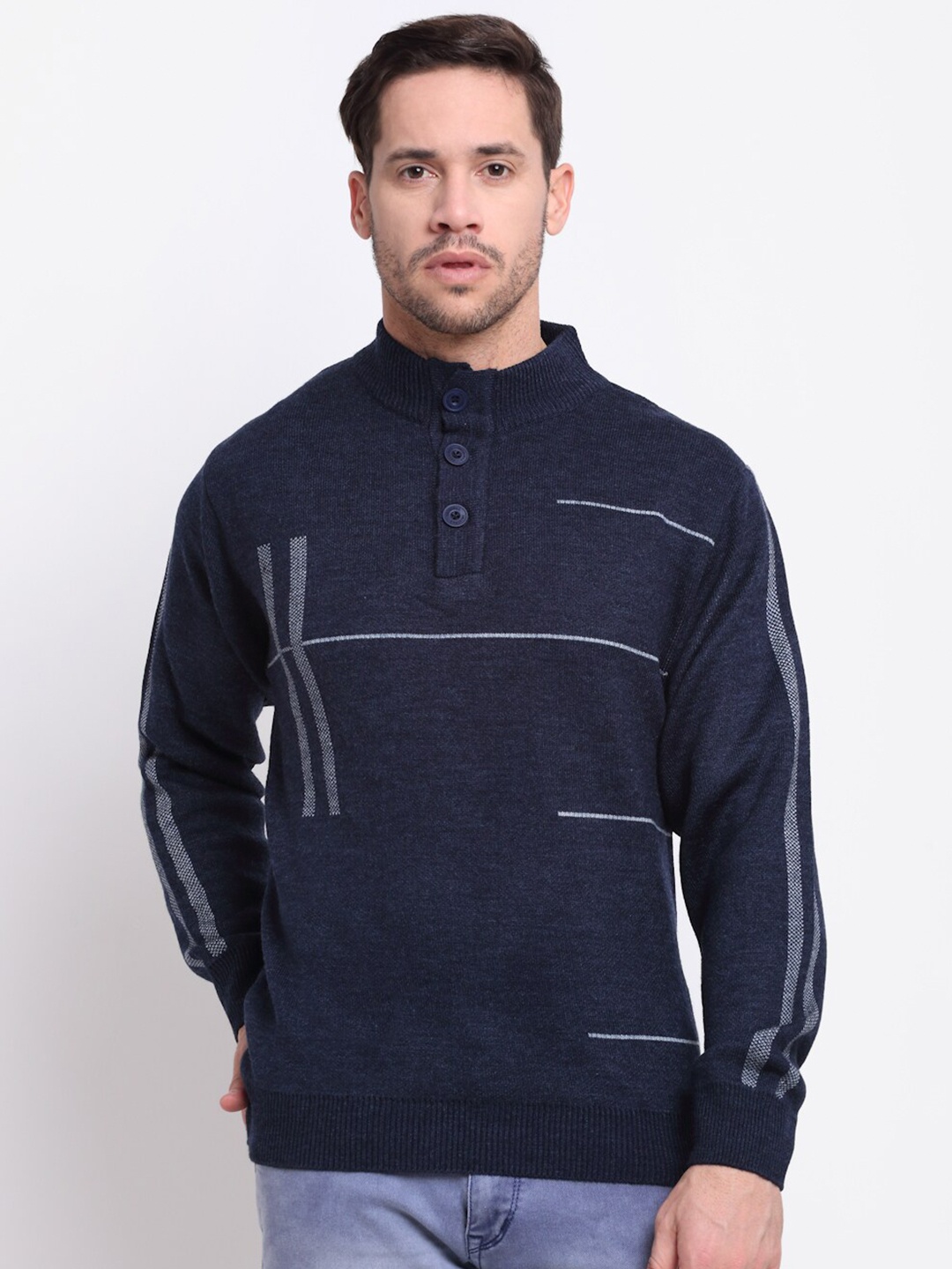 

Cantabil Men Blue Striped Woollen Pullover