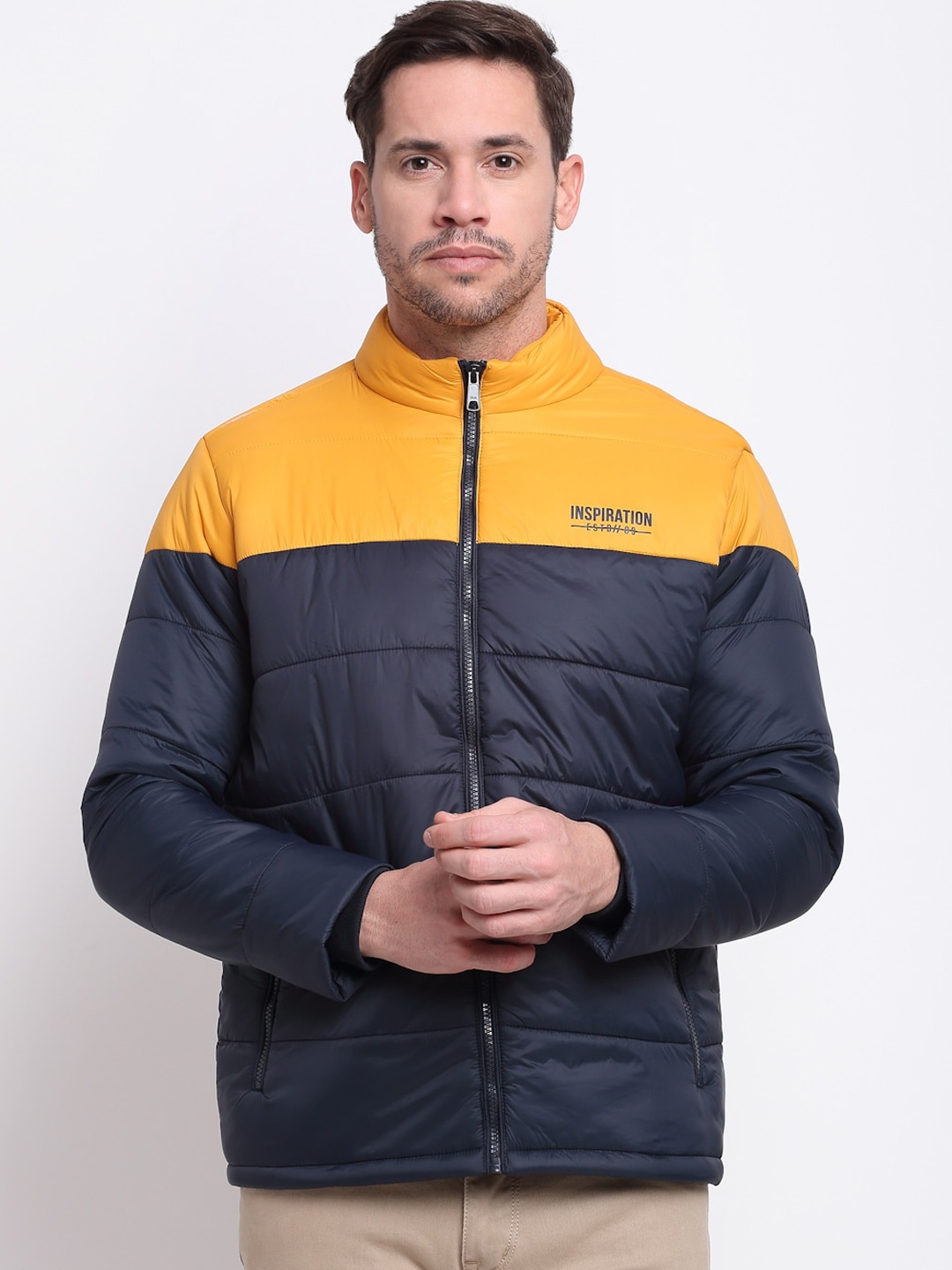

Cantabil Men Mustard Colourblocked Lightweight Puffer Jacket