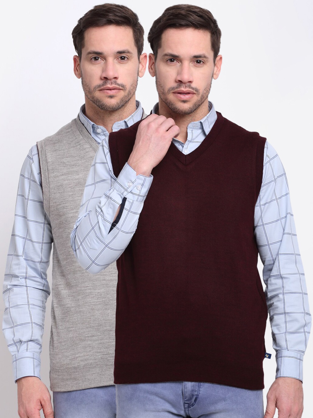 

Cantabil Men Maroon & Grey Reversible Woolen Sweater Vest