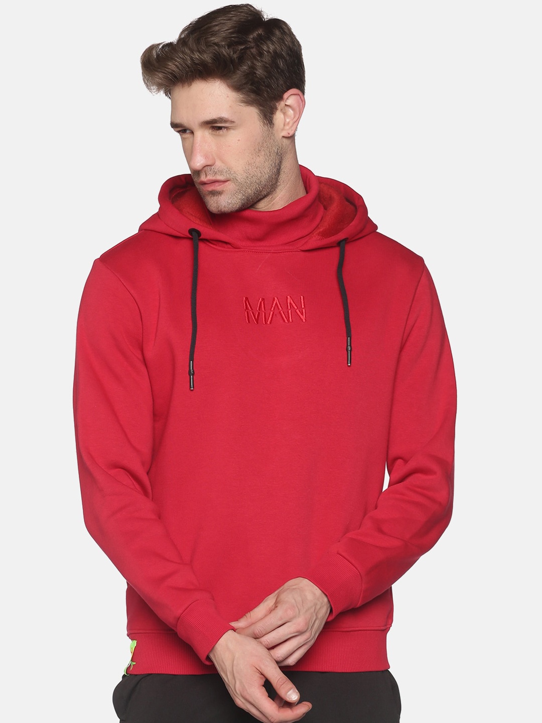 

SHOWOFF Men Red Solid Cotton Hooded Sweatshirt