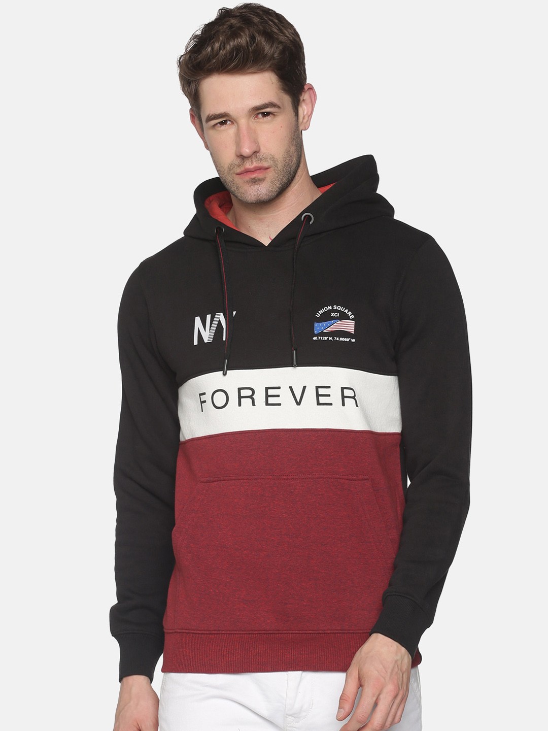 

SHOWOFF Men Black Colourblocked Hooded Sweatshirt