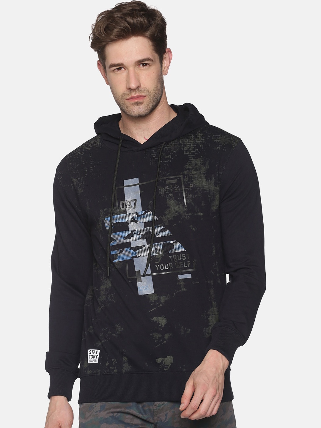 

SHOWOFF Men Navy Blue Printed Hooded Sweatshirt