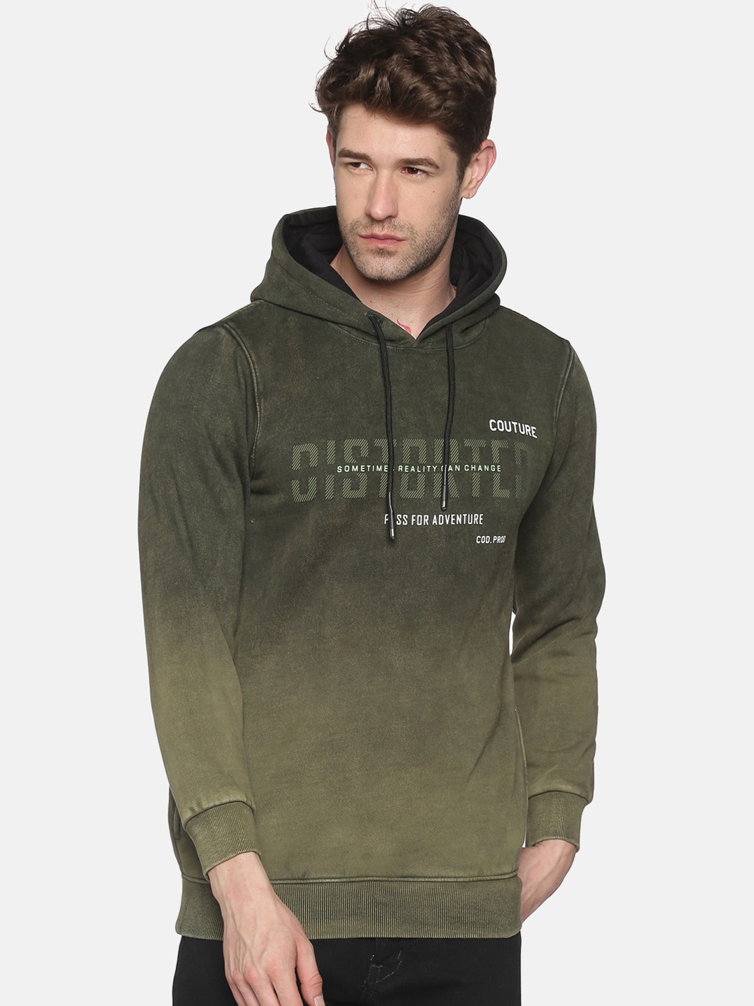 

SHOWOFF Men Olive Green Printed Hooded Sweatshirt