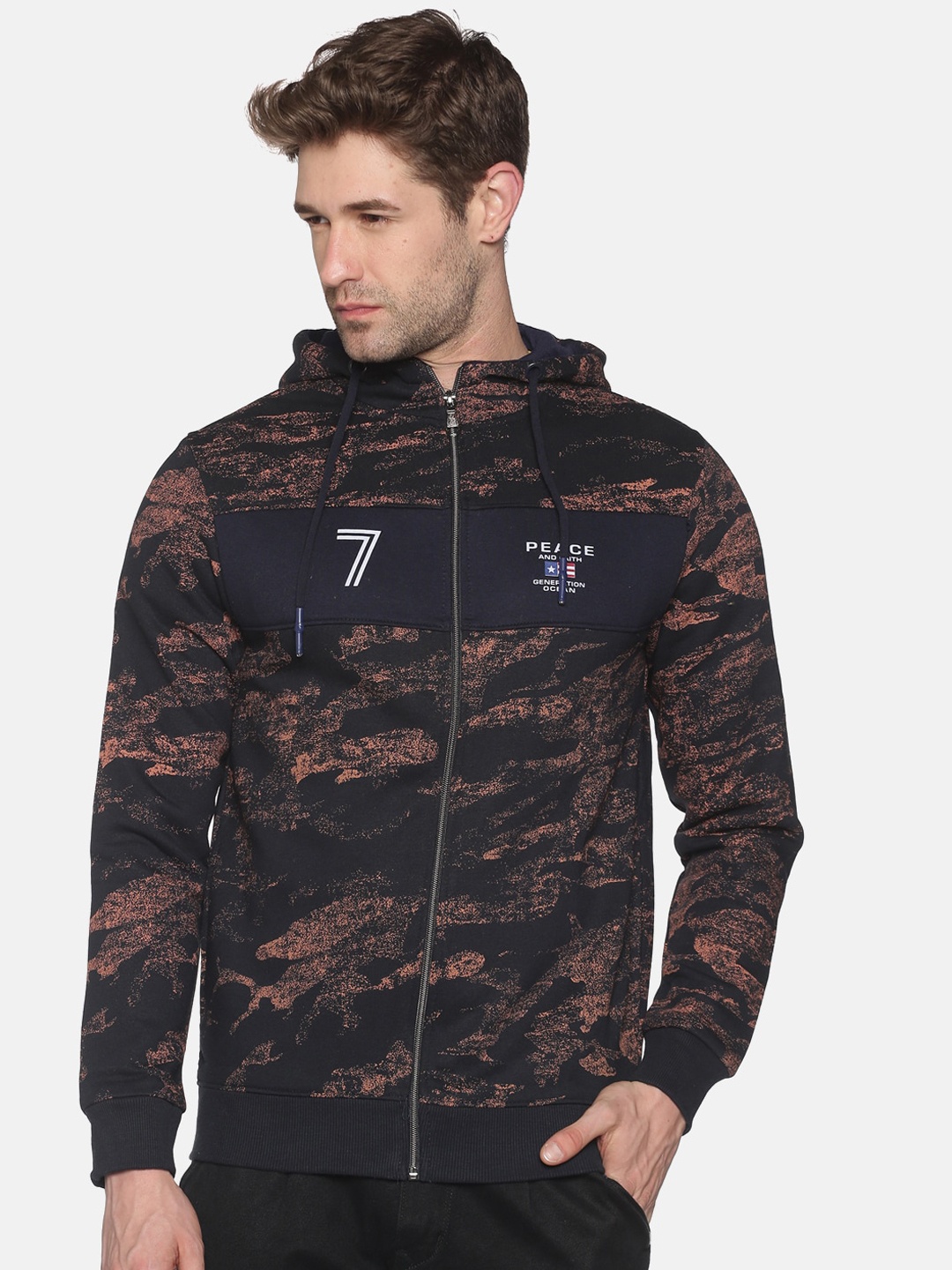 

SHOWOFF Men Navy Blue Printed Hooded Sweatshirt