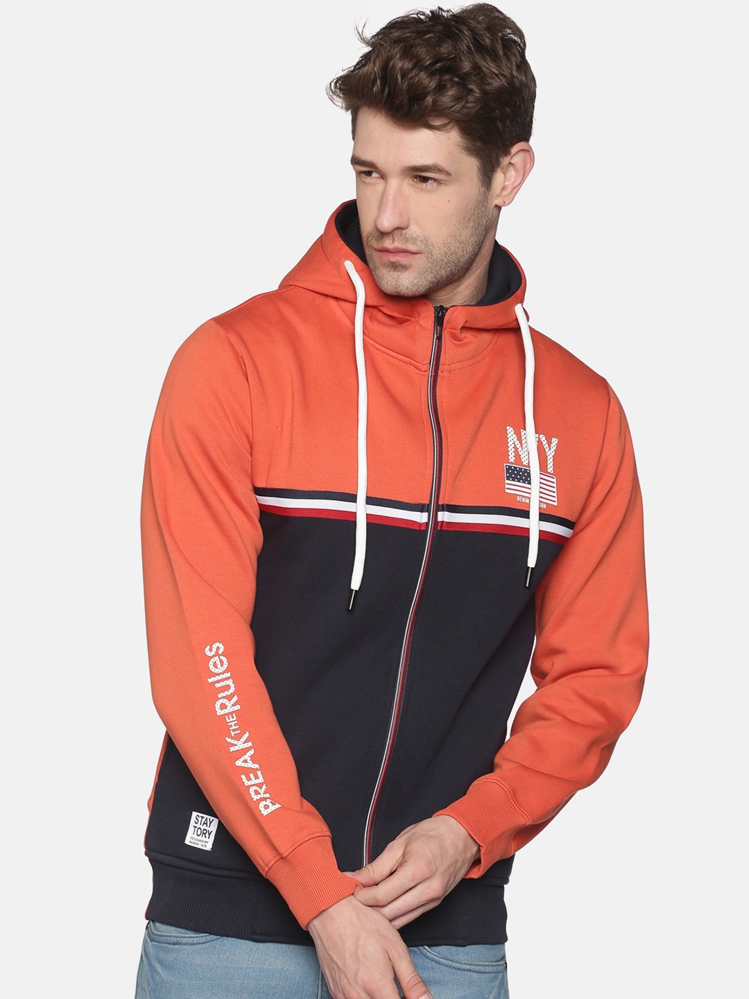 

SHOWOFF Men Rust Colourblocked Hooded Sweatshirt