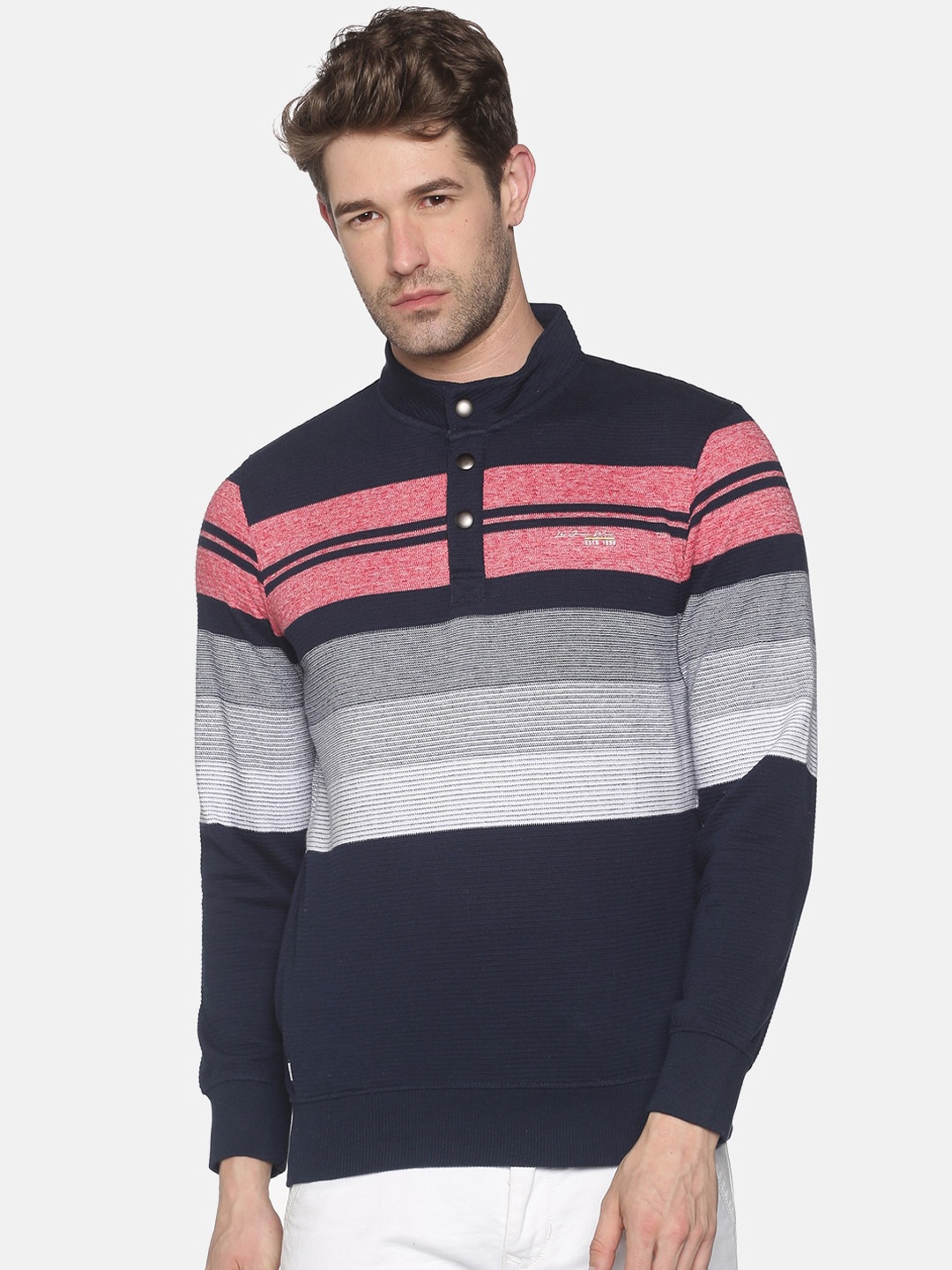 

SHOWOFF Men Navy Blue Striped Sweatshirt