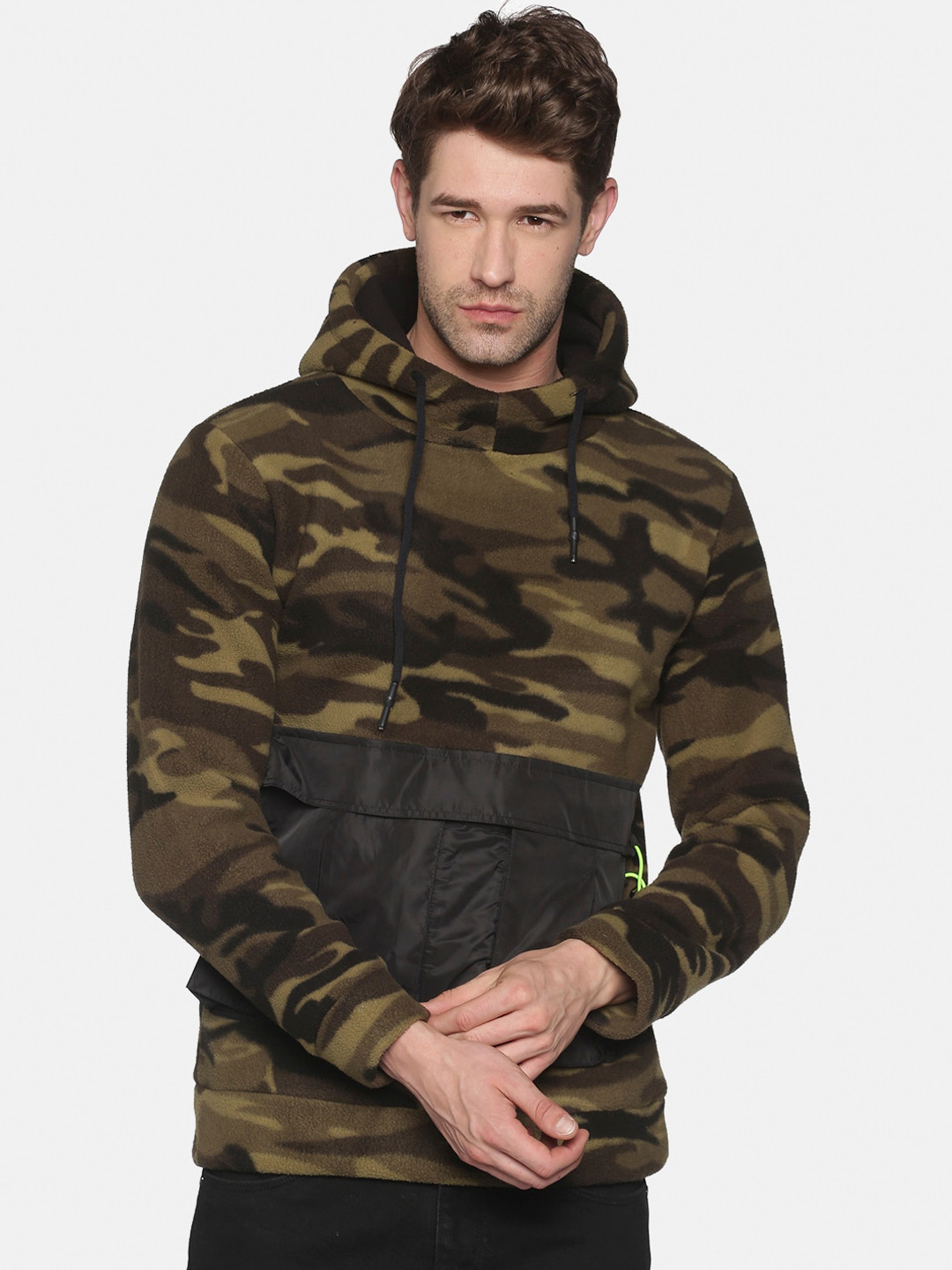 

SHOWOFF Men Olive Green Printed Hooded Sweatshirt