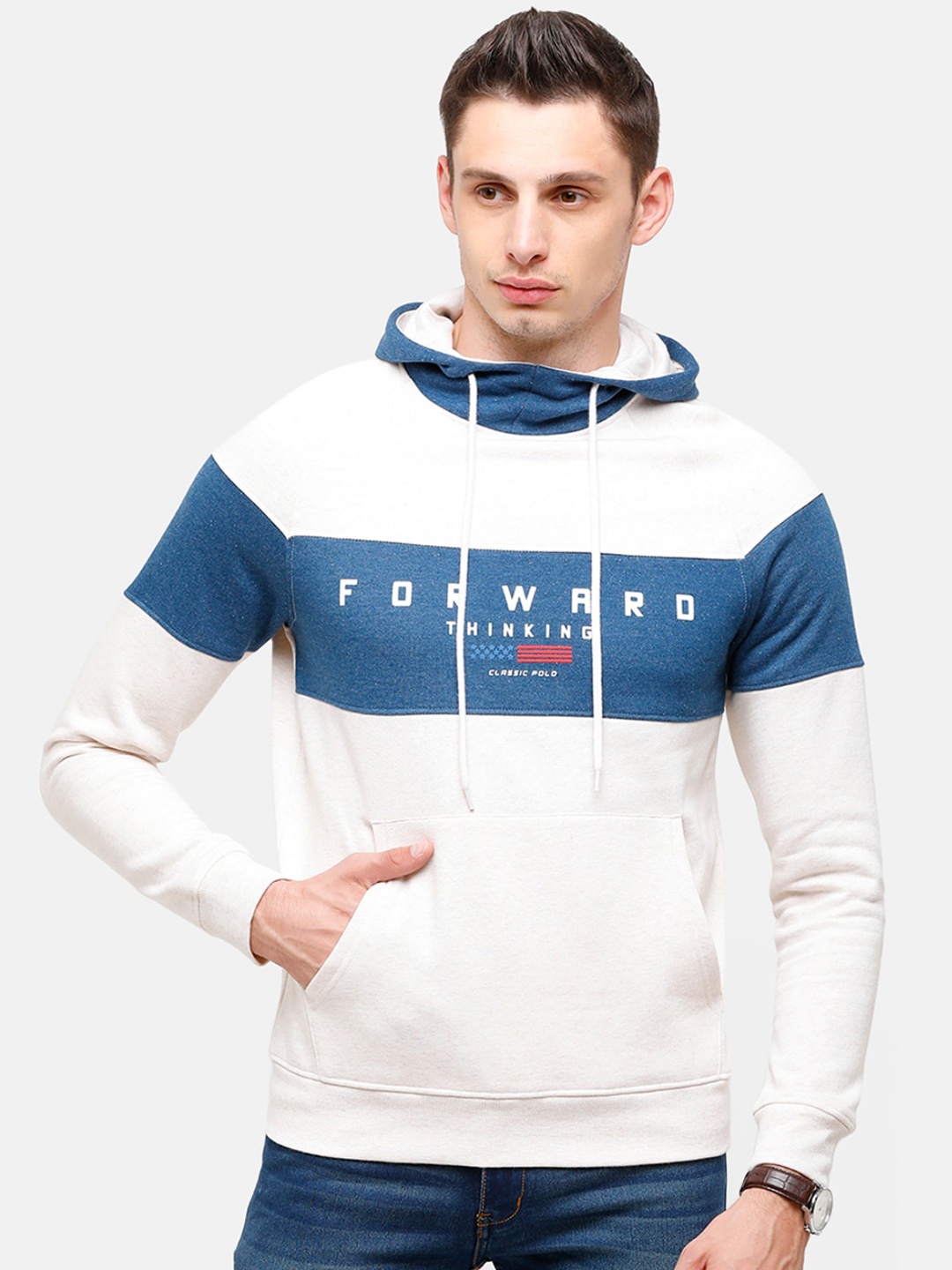 

Classic Polo Men White Striped Hooded Sweatshirt