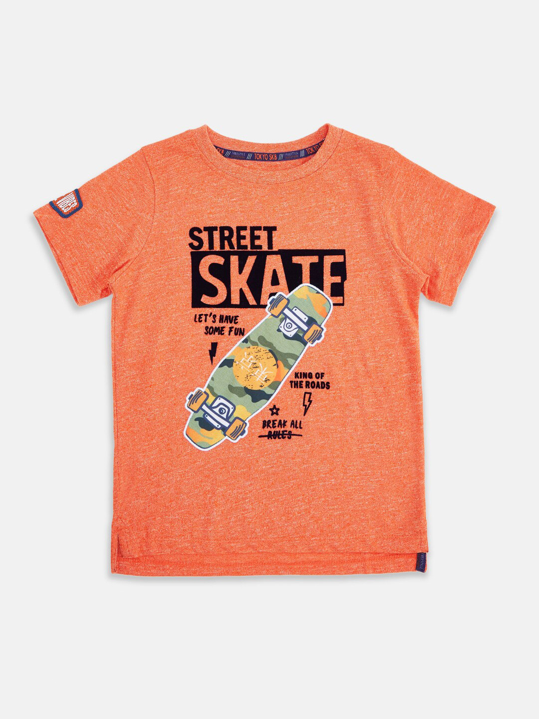 

Pantaloons Junior Boys Orange & Black Melange Effect Graphic Print Cotton T-shirt