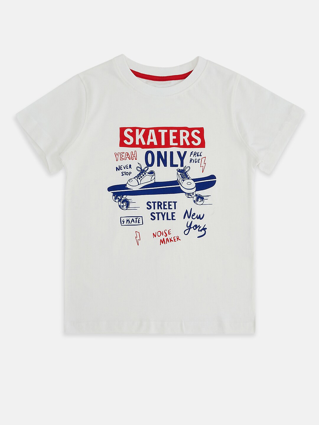 

Pantaloons Junior Boys White & Navy Blue Typography Printed Cotton T-shirt