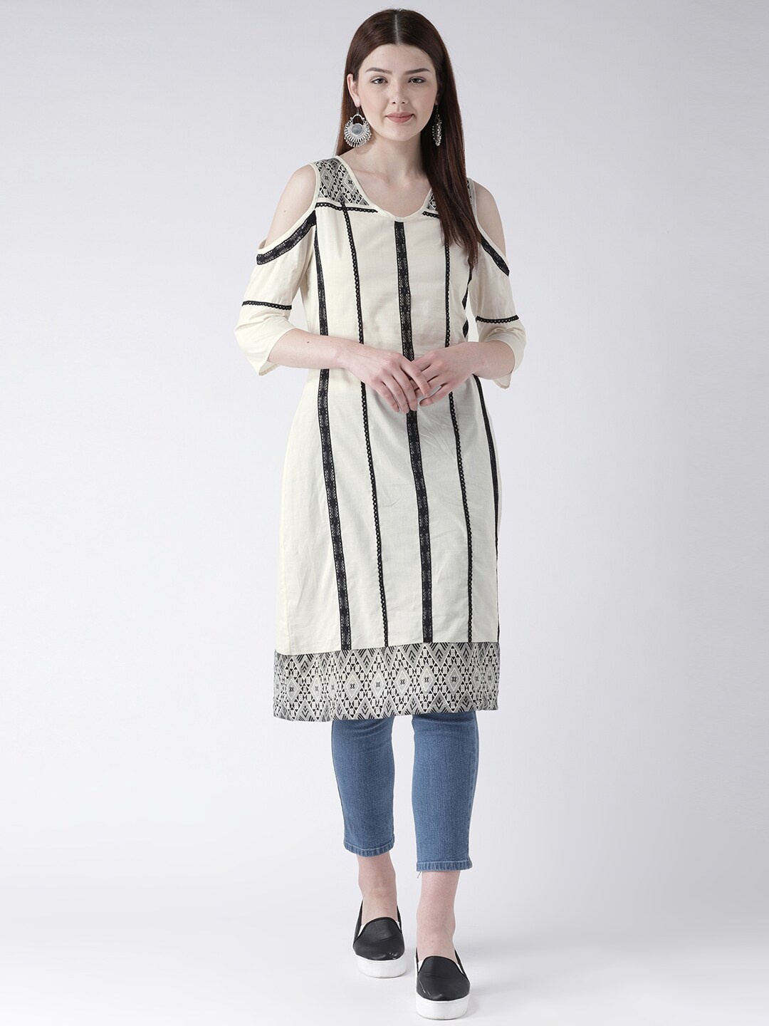 

DODO & MOA Beige Striped Cold-Shoulder Sleeves Kurti