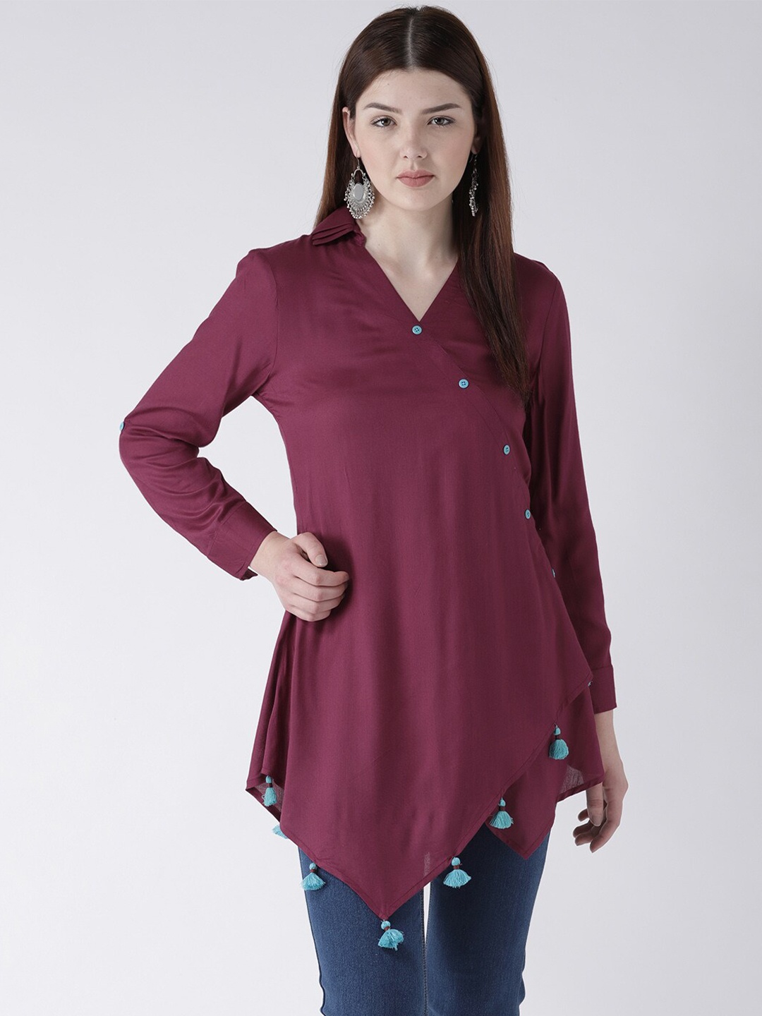 

DODO & MOA Maroon Viscose Rayon Tunic With Tassel Detail