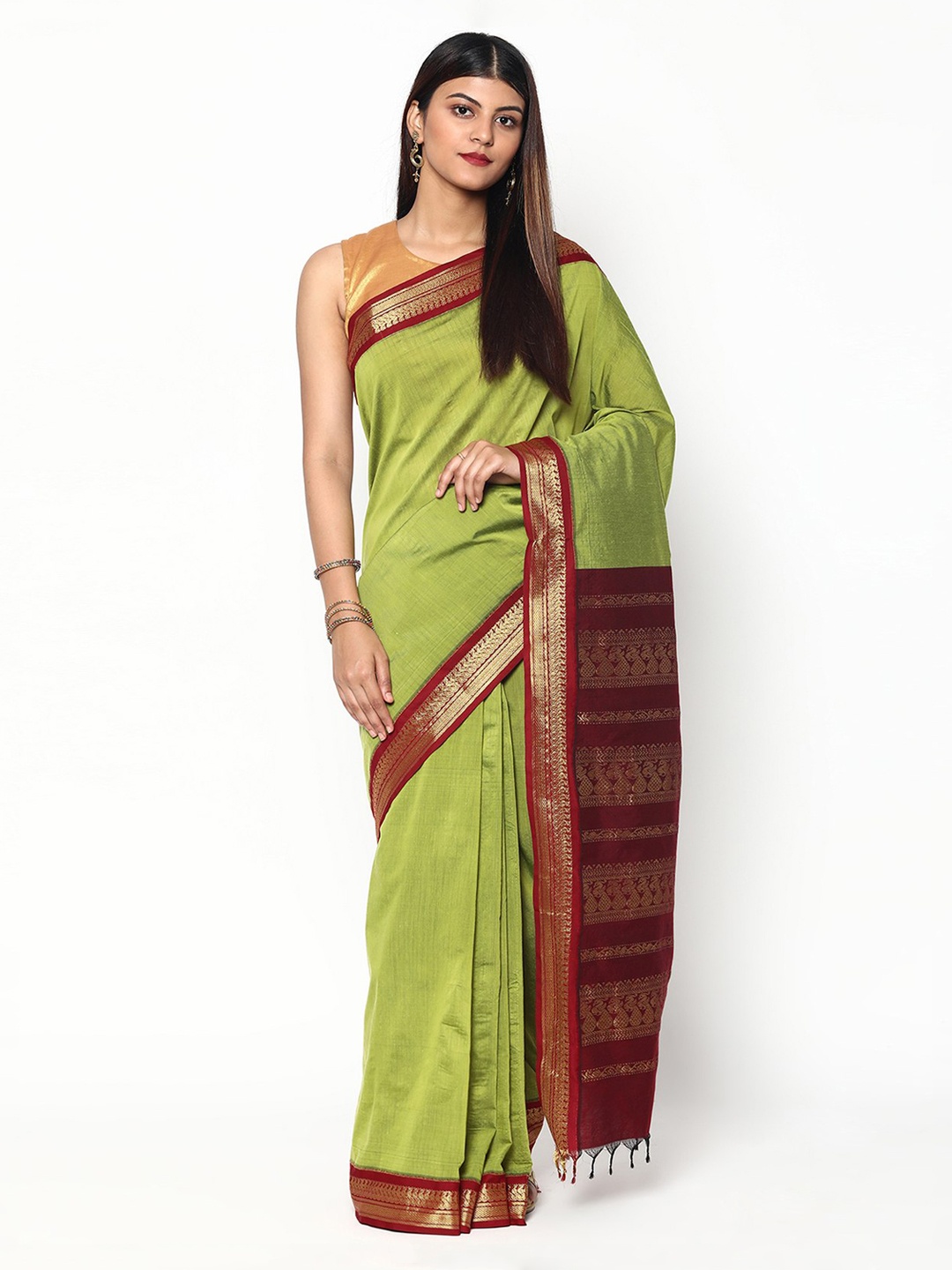 

Sudarshan Silks Green & Maroon Woven Design Zari Silk Cotton Saree