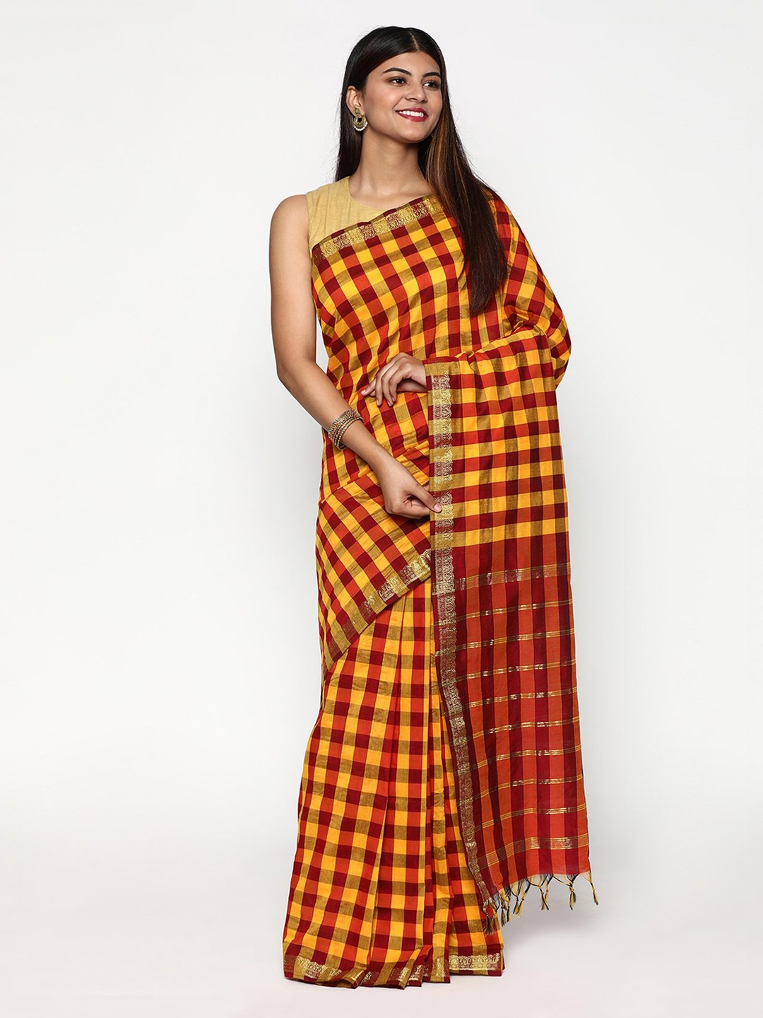 

Sudarshan Silks Orange & Red Checked Zari Silk Cotton Saree