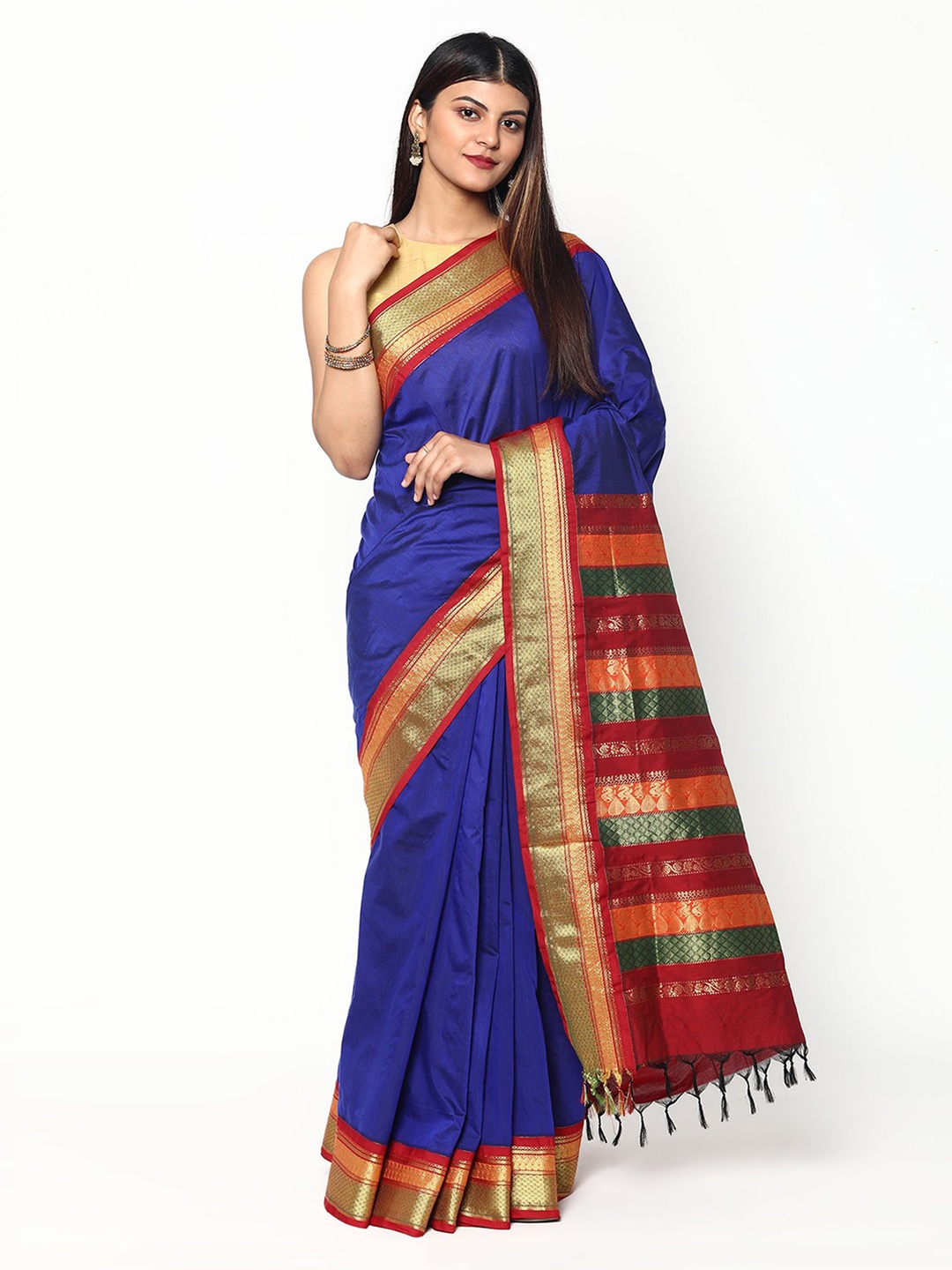 

Sudarshan Silks Blue & Red Zari Silk Cotton Saree