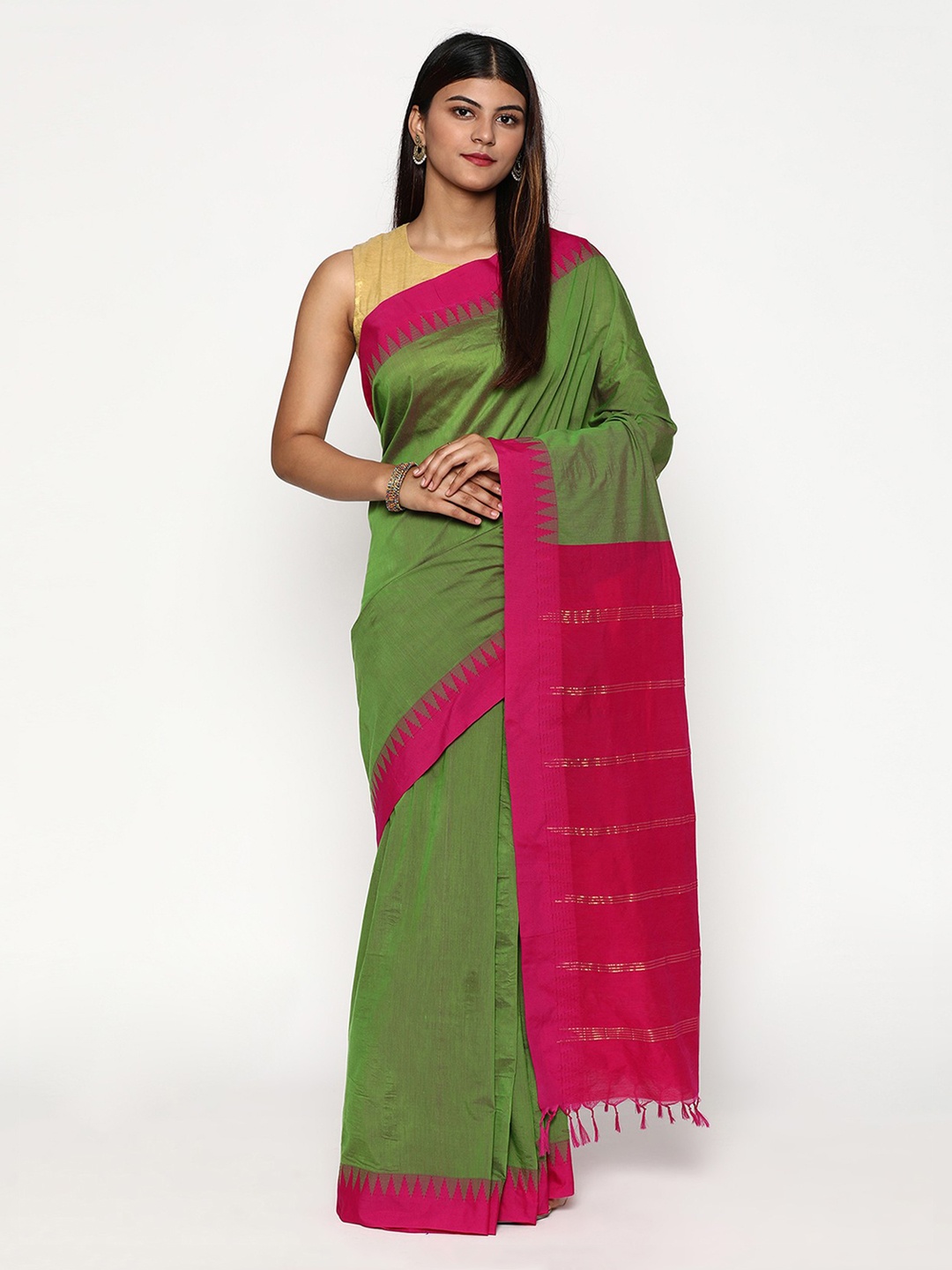 

Sudarshan Silks Green & Pink Silk Cotton Saree