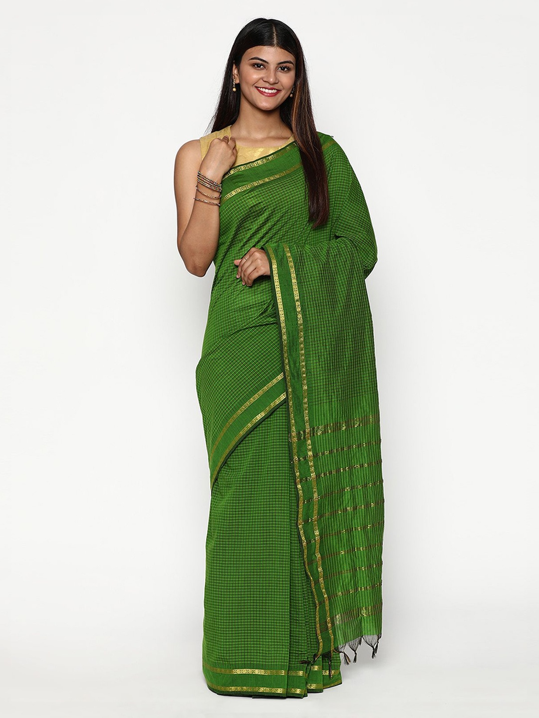 

Sudarshan Silks Green & Gold-Toned Checked Zari Silk Cotton Saree