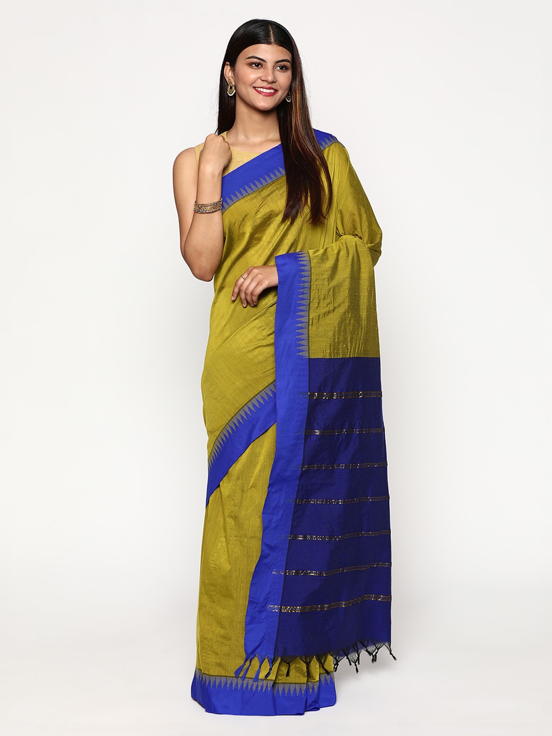 

Sudarshan Silks Olive Green & Blue Zari Silk Cotton Saree