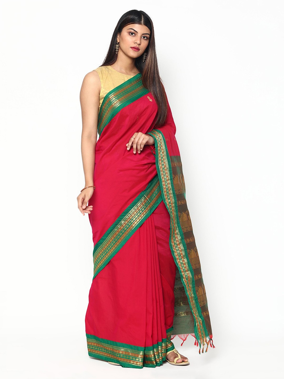 

Sudarshan Silks Pink & Gold-Toned Zari Silk Cotton Saree