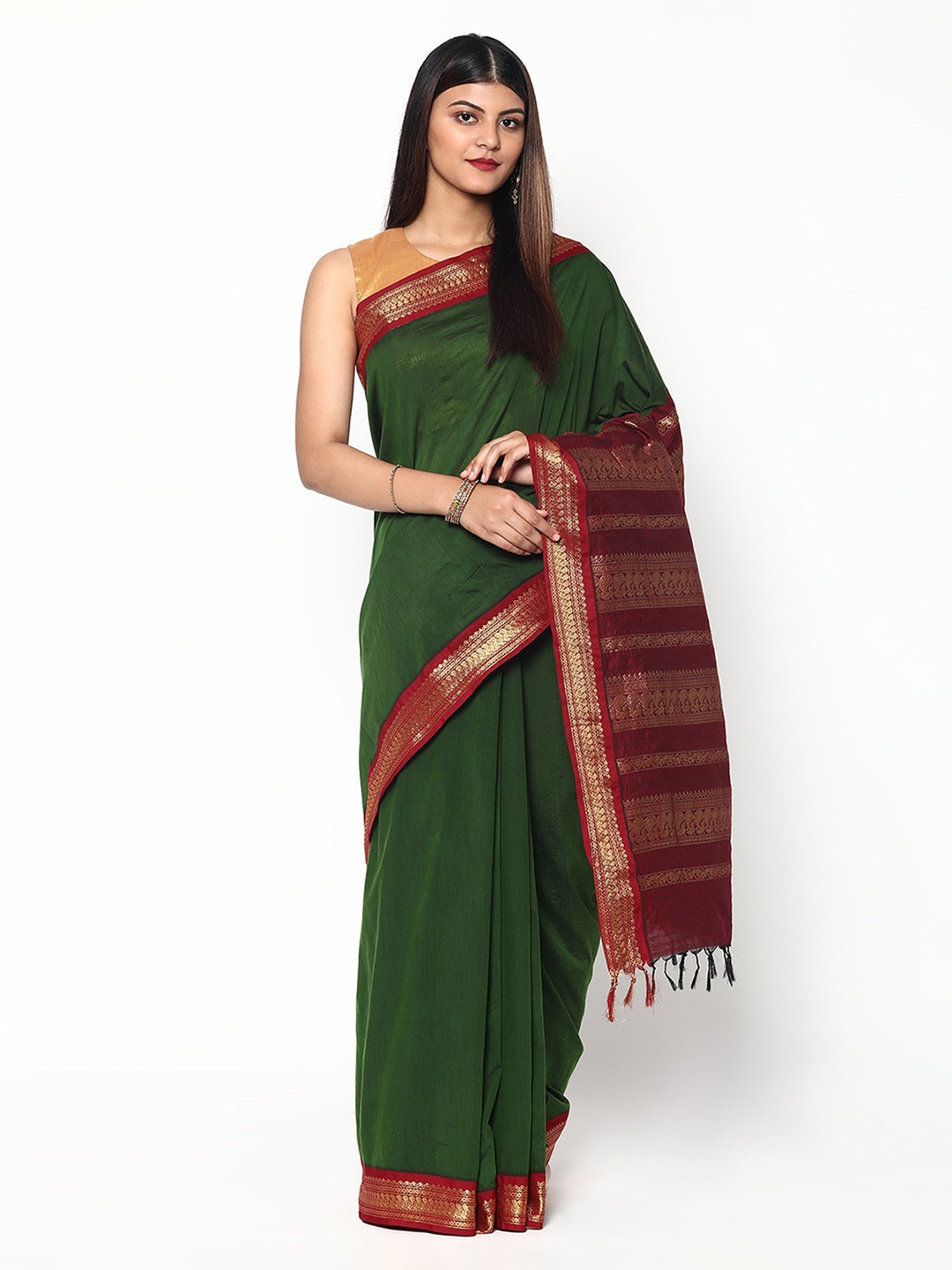 

Sudarshan Silks Green & Maroon Woven Design Zari Silk Cotton Saree
