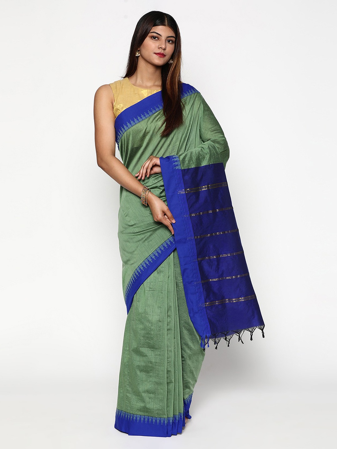 

Sudarshan Silks Green & Blue Zari Silk Cotton Saree