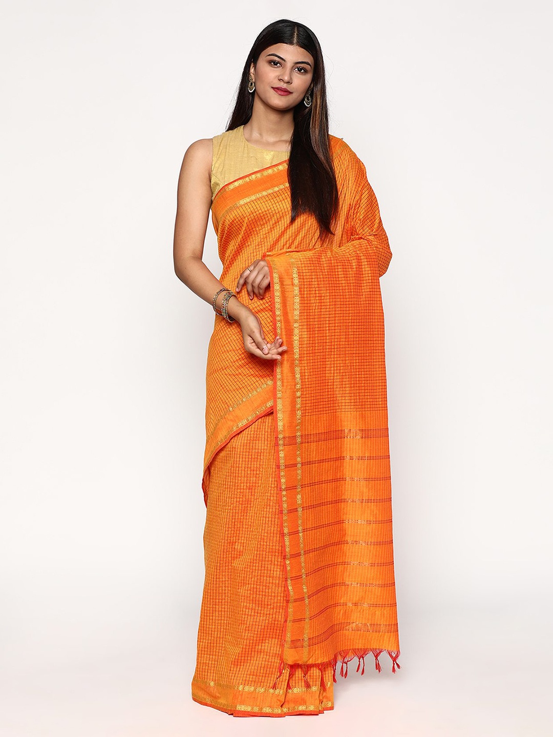 

Sudarshan Silks Orange & Gold-Toned Checked Zari Silk Cotton Saree