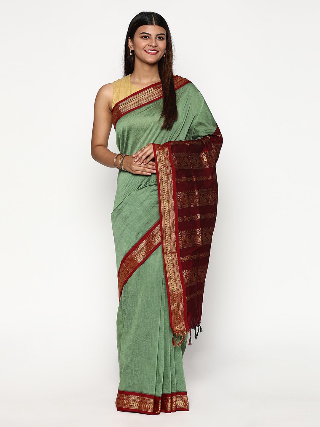 

Sudarshan Silks Green & Gold-Toned Zari Silk Cotton Saree