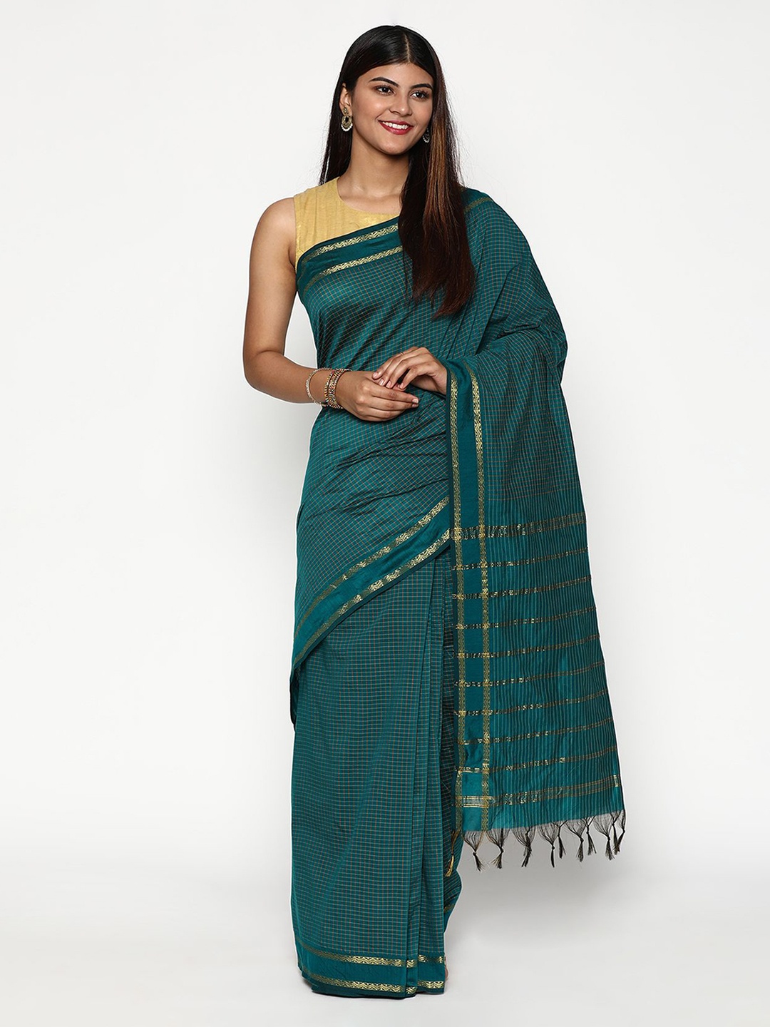 

Sudarshan Silks Green & Gold-Toned Checked Zari Silk Cotton Saree