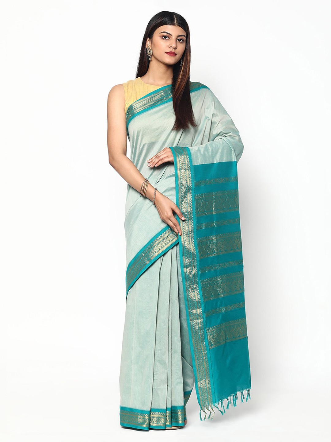 

Sudarshan Silks Blue & Gold-Toned Zari Silk Cotton Saree