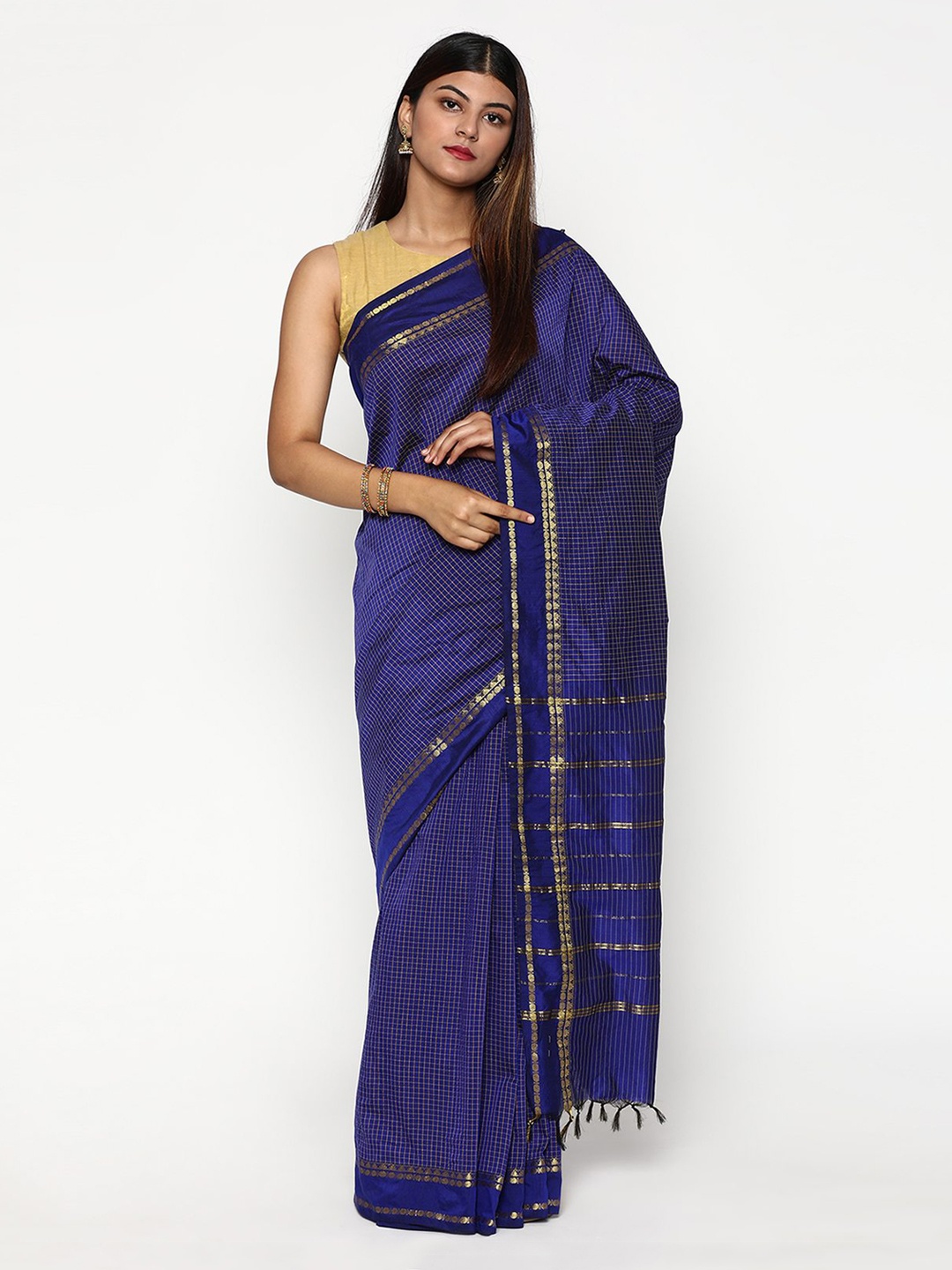 

Sudarshan Silks Navy Blue & Gold-Toned Checked Zari Silk Cotton Saree