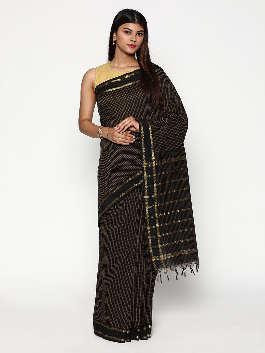 

Sudarshan Silks Black & Gold-Toned Checked Zari Silk Cotton Saree
