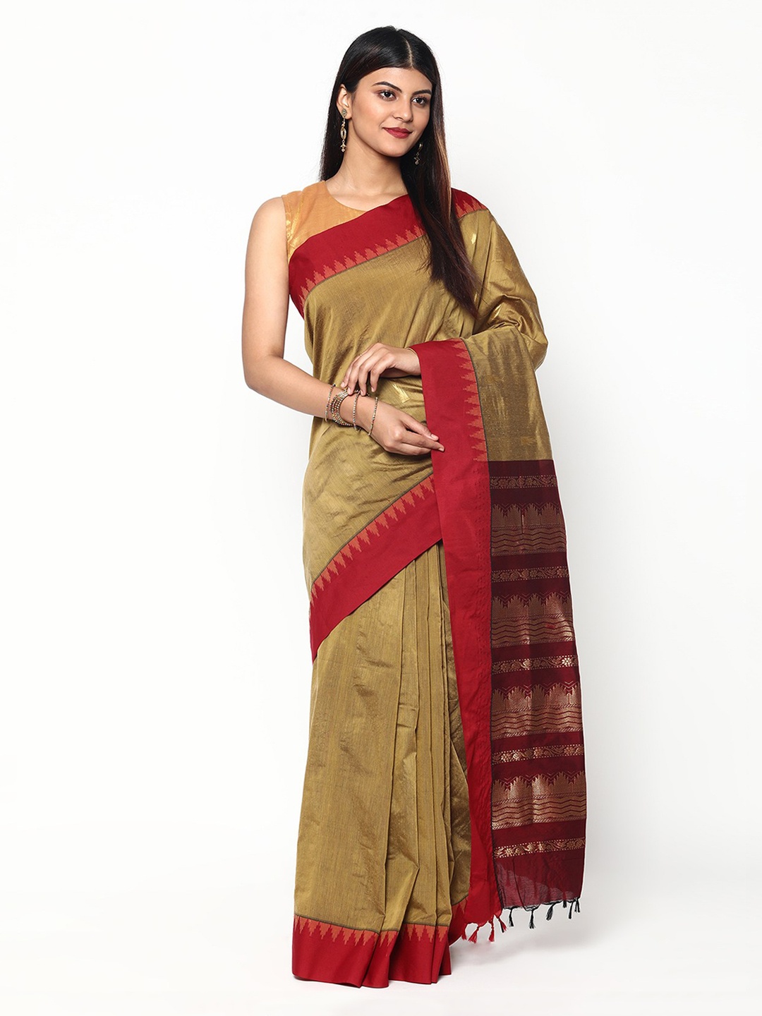 

Sudarshan Silks Gold-Toned & Maroon Woven Design Zari Silk Cotton Saree