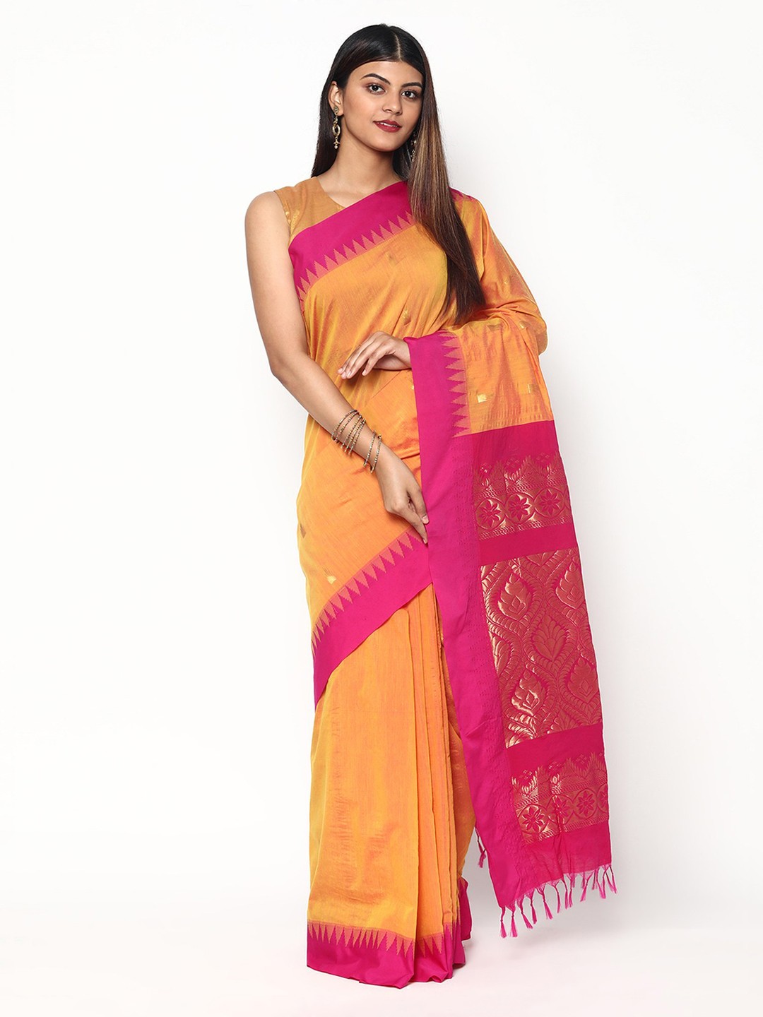 

Sudarshan Silks Orange & Pink Woven Design Zari Silk Cotton Saree