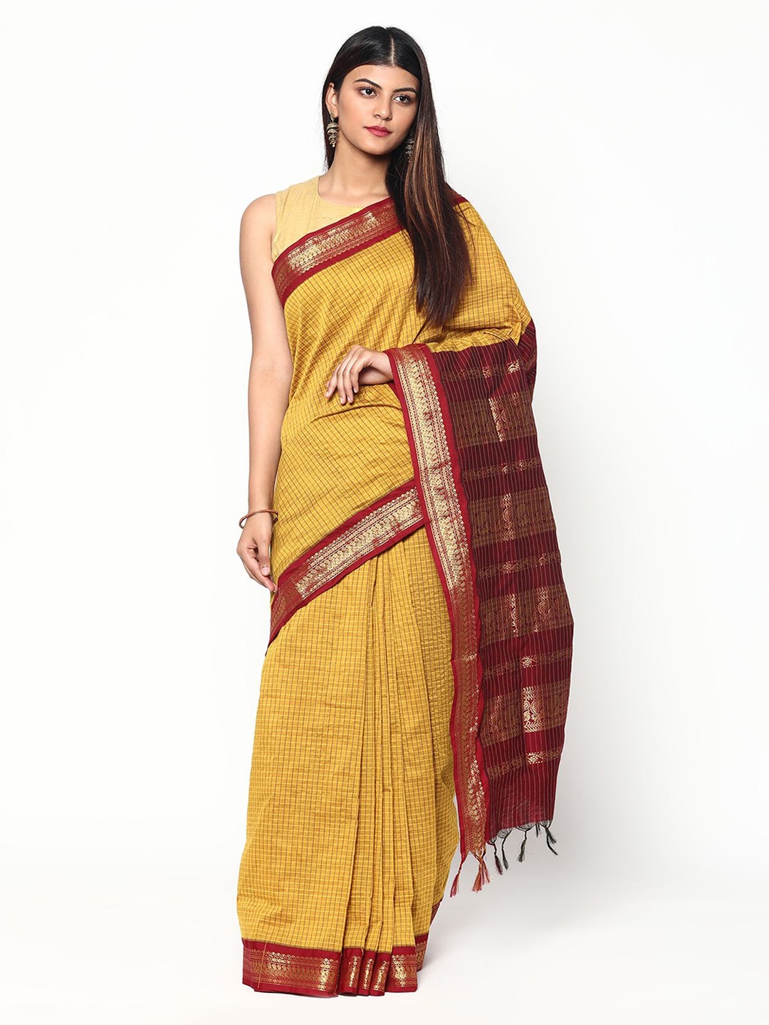 

Sudarshan Silks Yellow & Gold-Toned Checked Zari Silk Cotton Saree