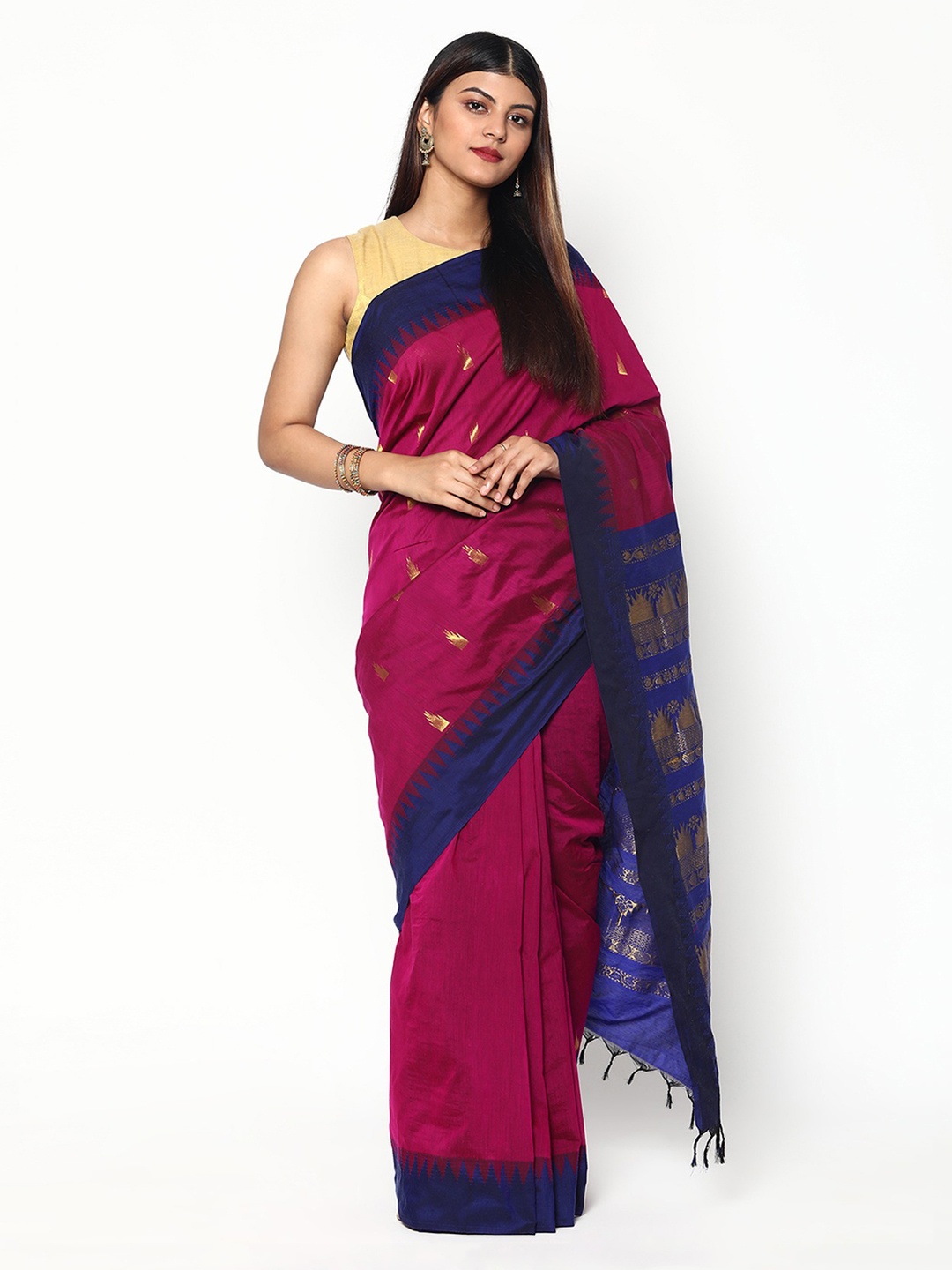 

Sudarshan Silks Pink & Blue Woven Design Zari Silk Cotton Saree