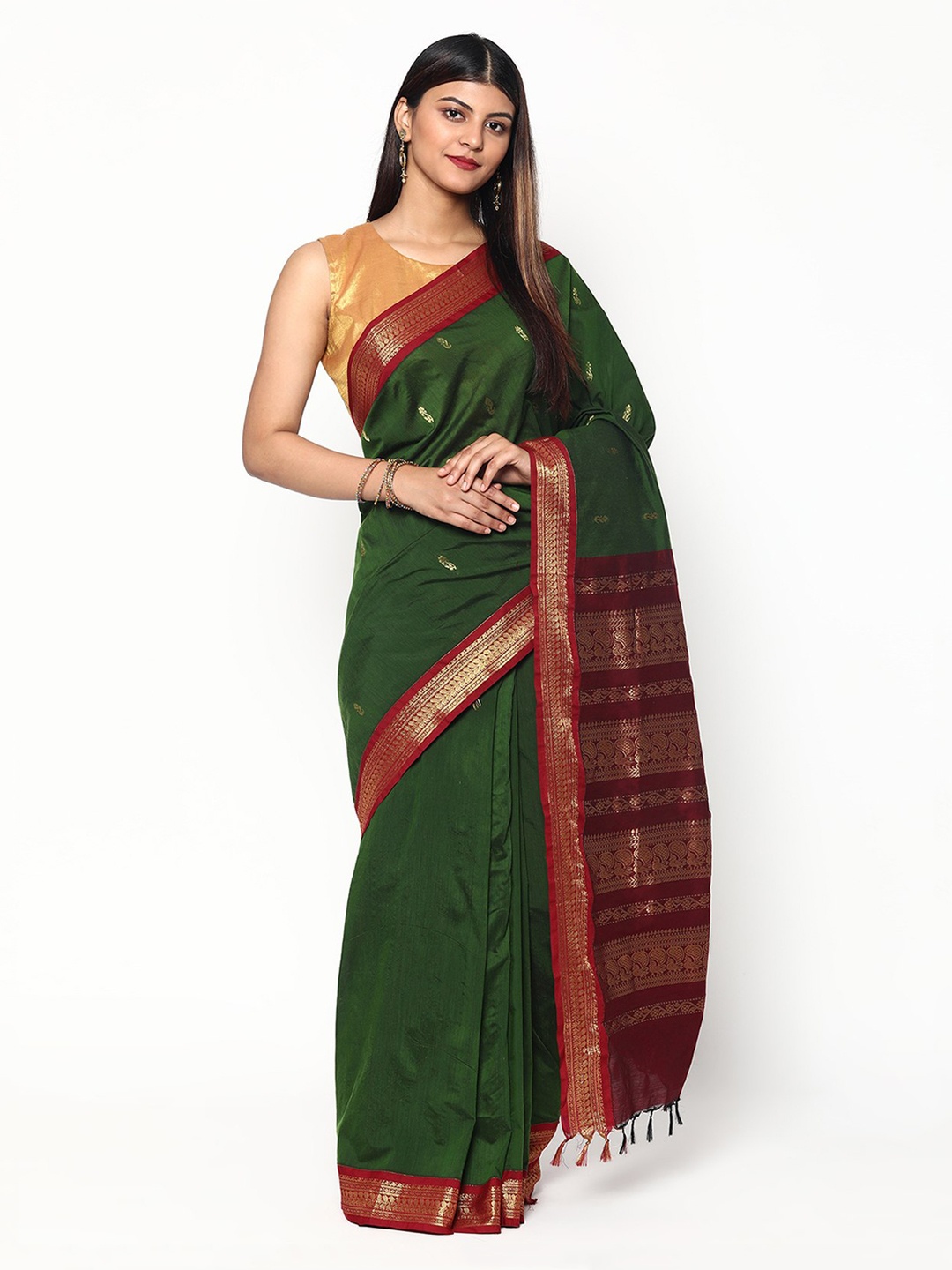 

Sudarshan Silks Green & Red Woven Design Silk Cotton Saree