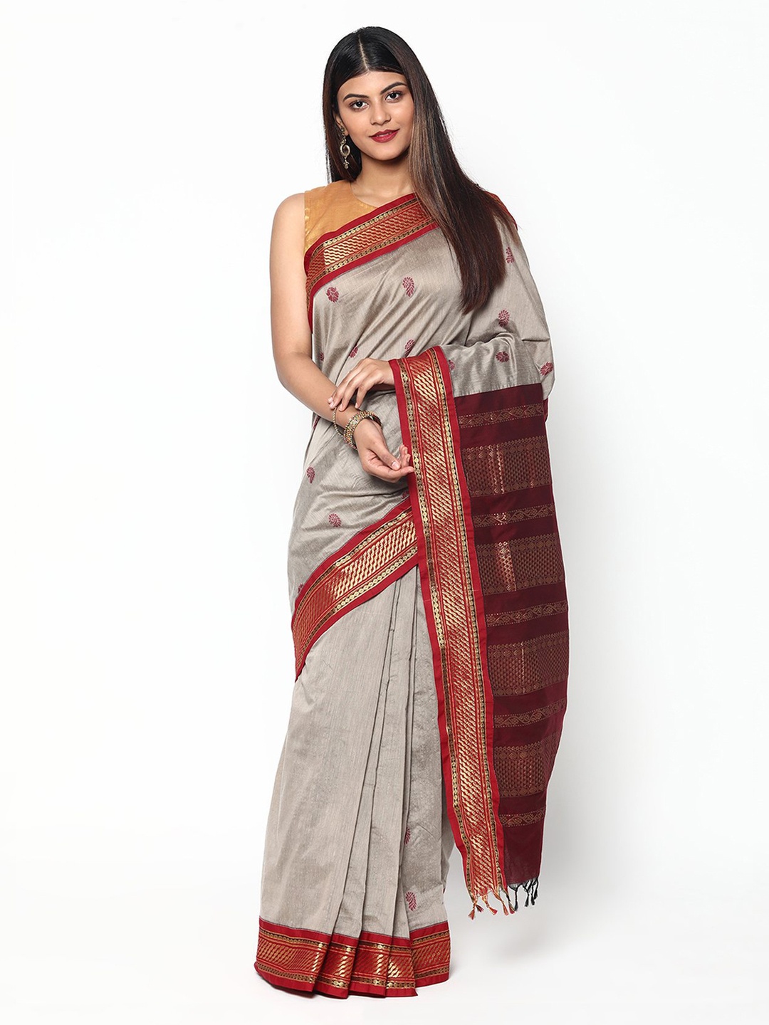 

Sudarshan Silks Grey & Red Woven Design Zari Silk Cotton Saree
