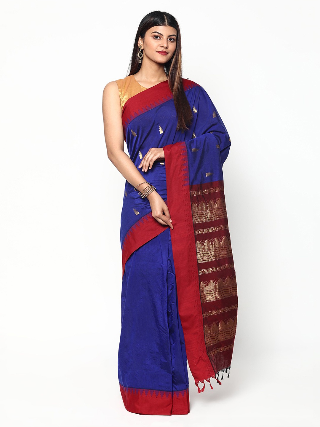 

Sudarshan Silks Blue & Maroon Ethnic Motifs Zari Silk Cotton Saree